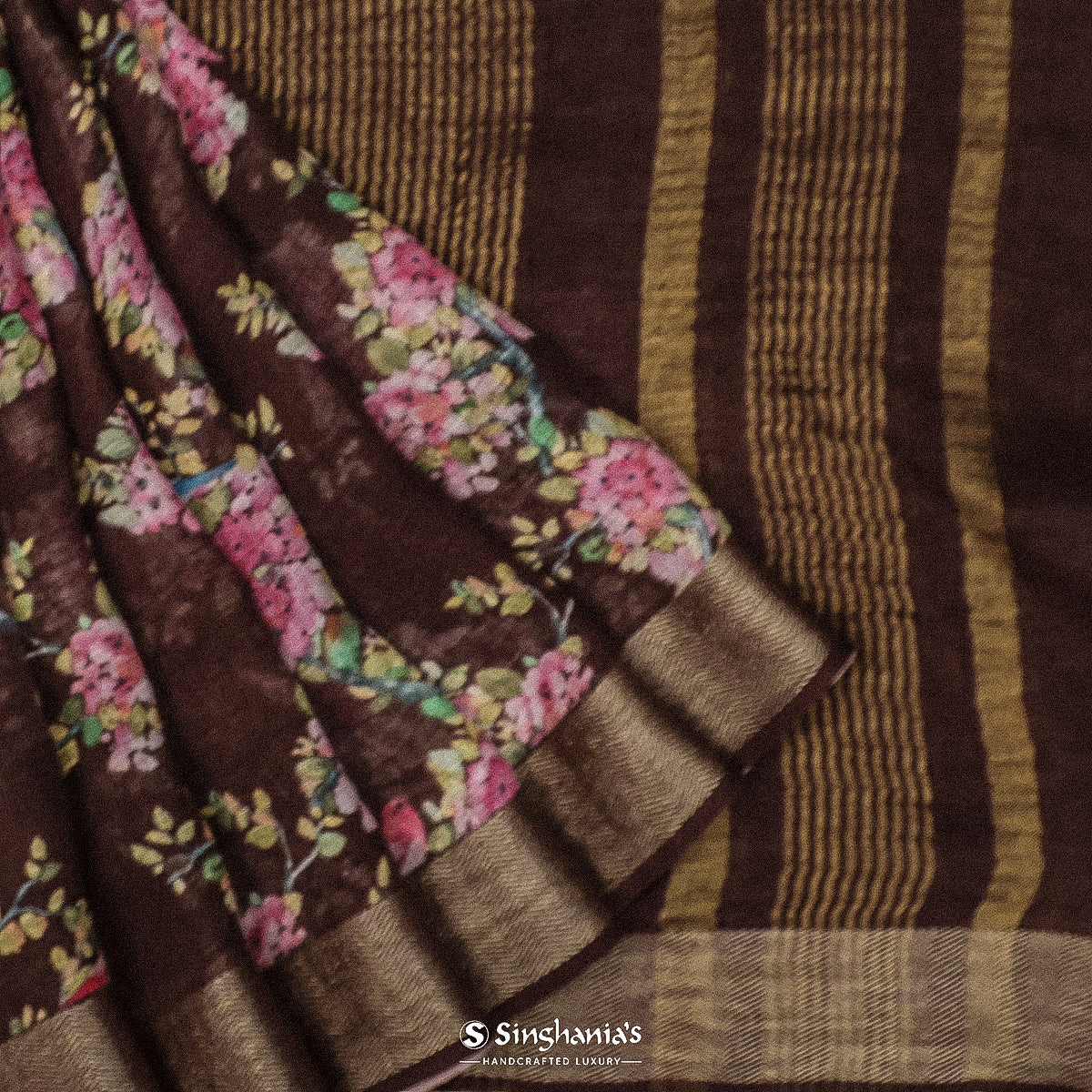 Brown Coffee Printed Linen Saree With Floral Pattern