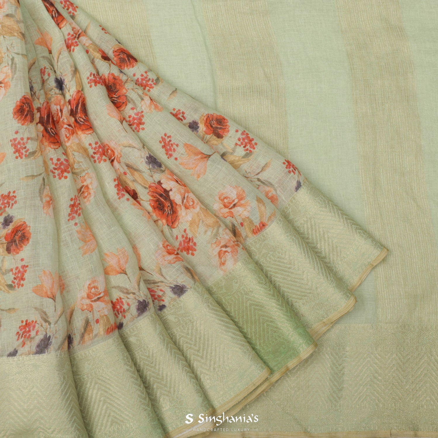 Nyanza Green Printed Linen Saree With Floral Pattern