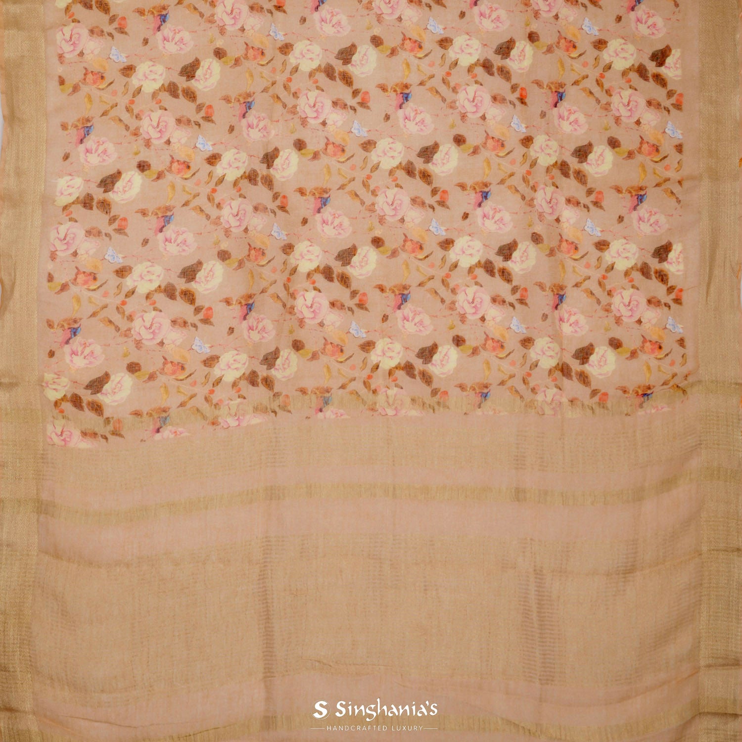Irish Cream Printed Linen Saree With Floral Pattern