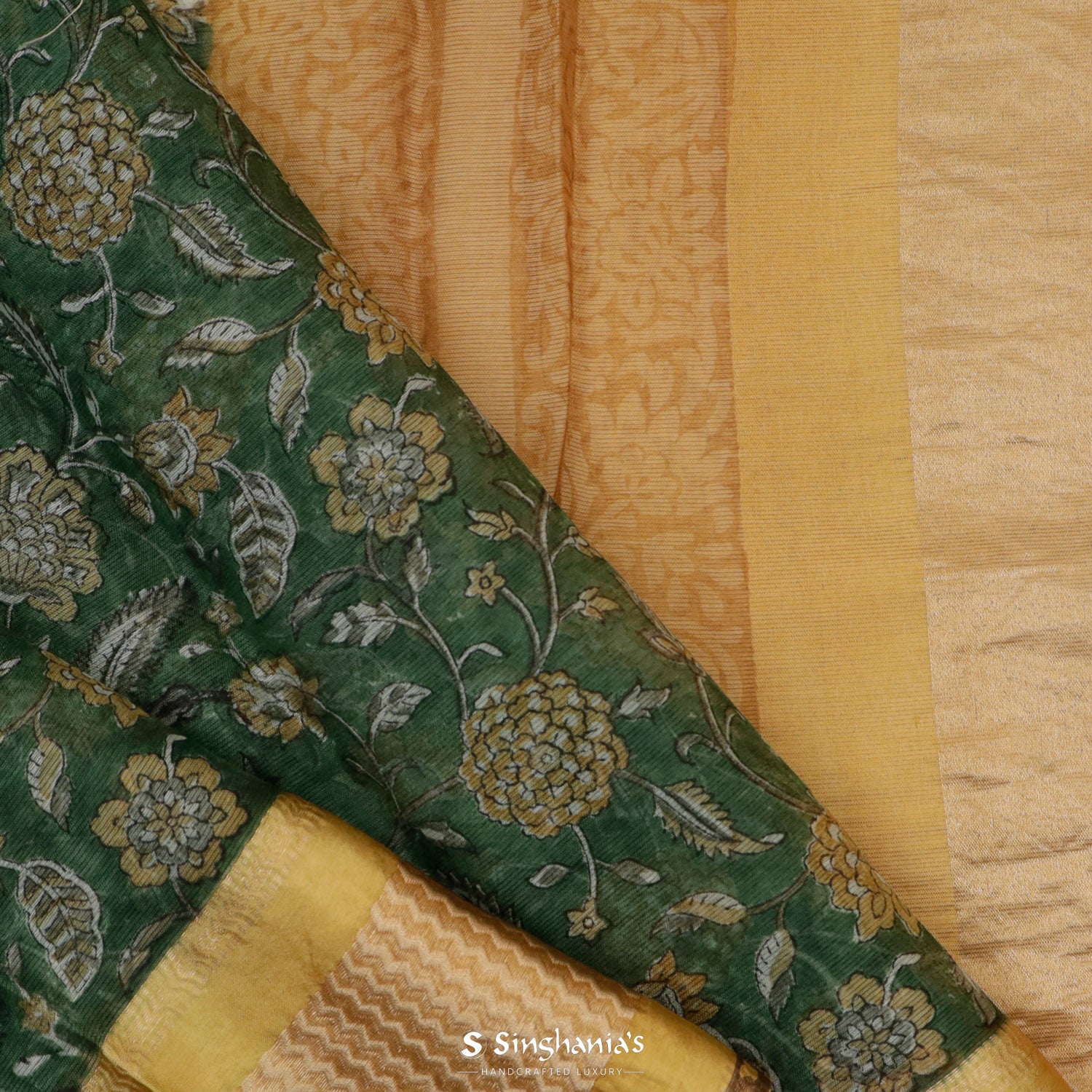 Viridian Green Printed Maheshwari Saree With Floral Pattern