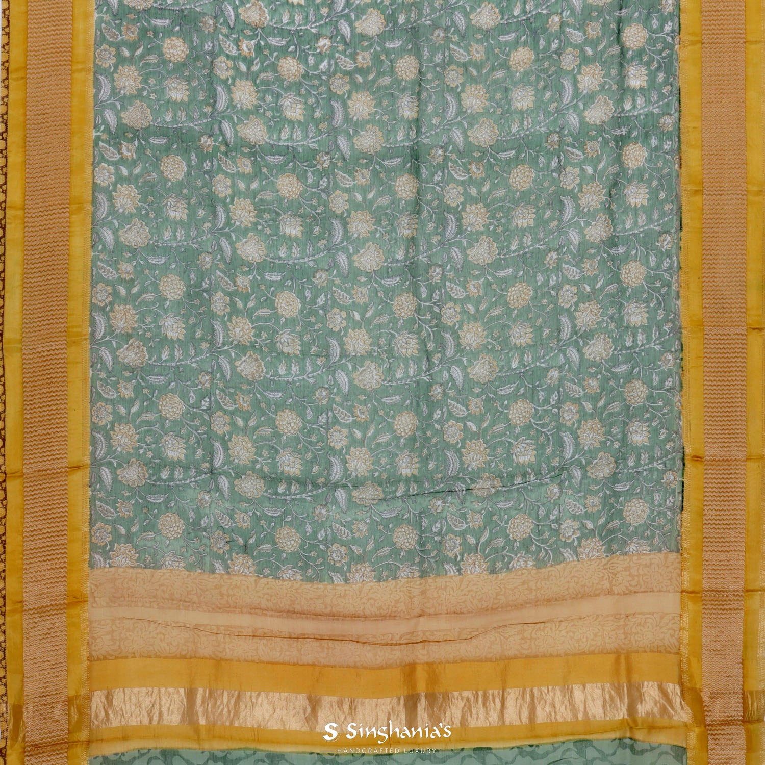 Viridian Green Printed Maheshwari Saree With Floral Pattern