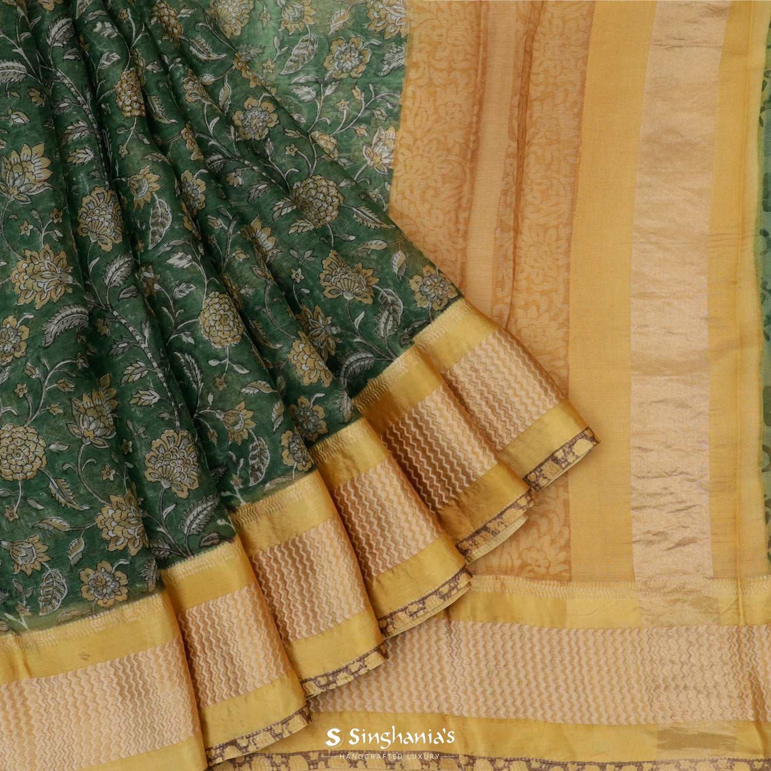 Viridian Green Printed Maheshwari Saree With Floral Pattern