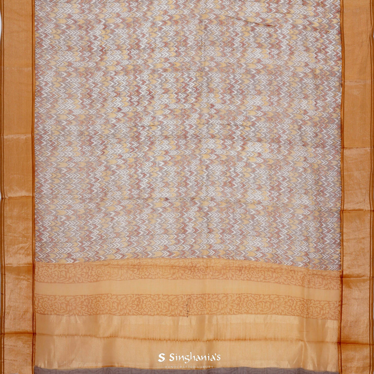 Sand Yellow Printed Maheshwari Saree With Abstract Pattern