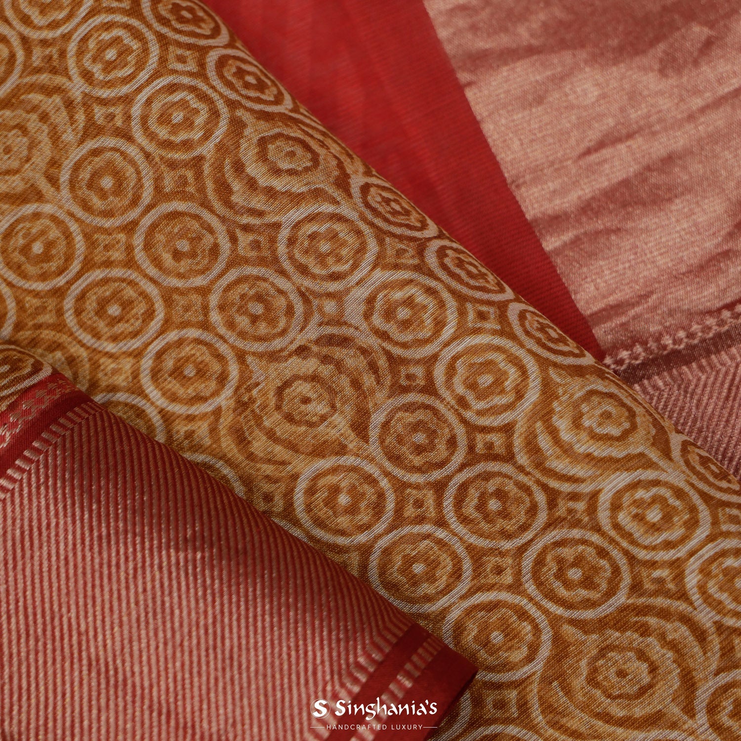 Copper Brown Printed Maheshwari Saree With Geometrical Pattern