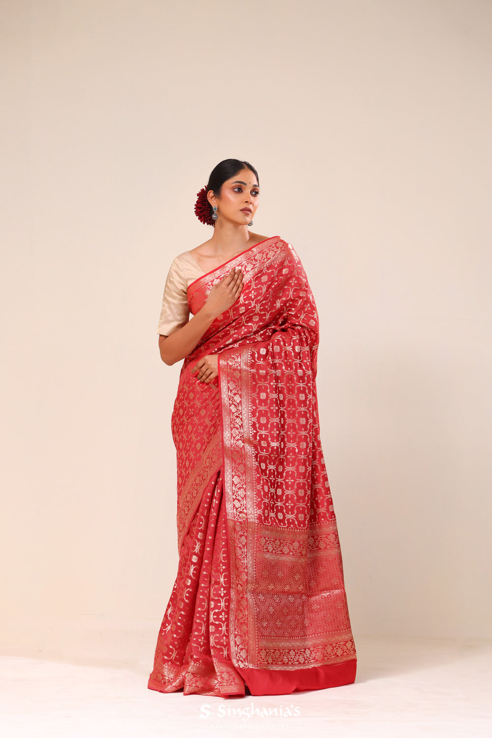 Husker Red Chiniya Banarasi Silk Saree