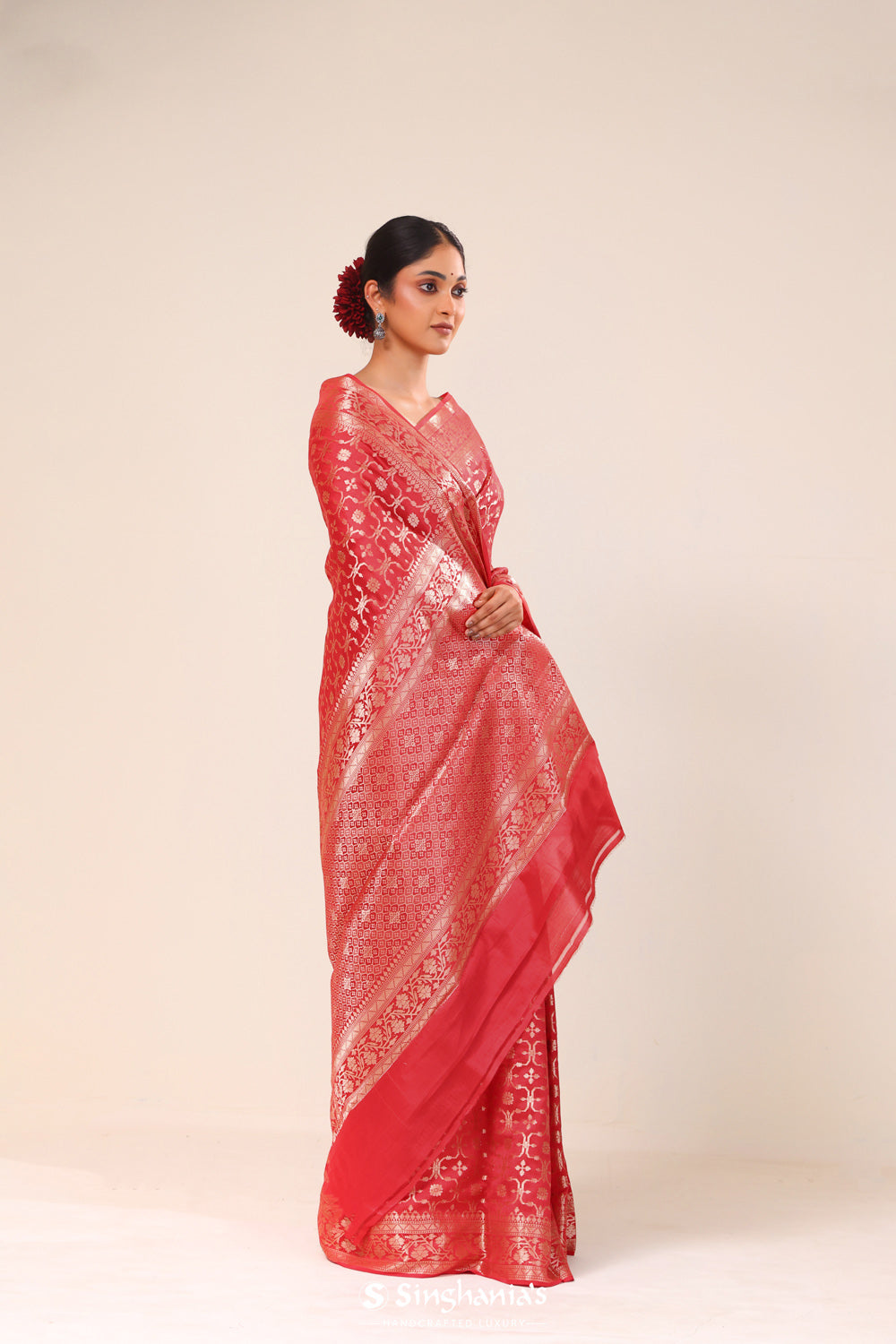 Husker Red Chiniya Banarasi Silk Saree