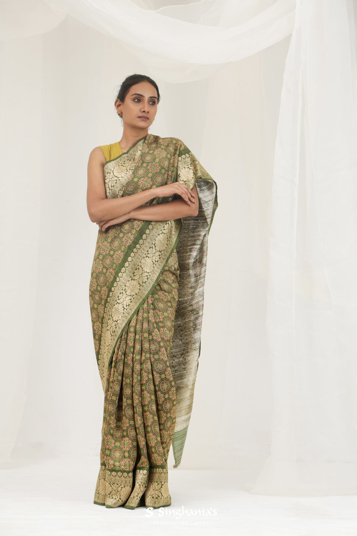 Dark Olive Green Printed Ajrakh Silk Saree