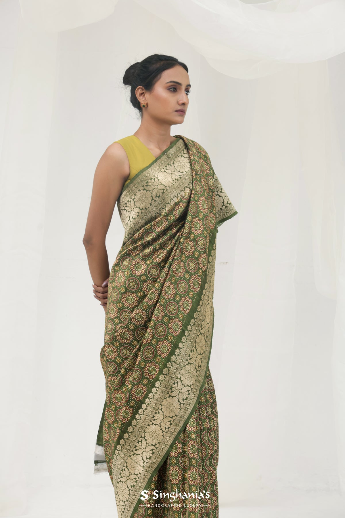 Dark Olive Green Printed Ajrakh Silk Saree