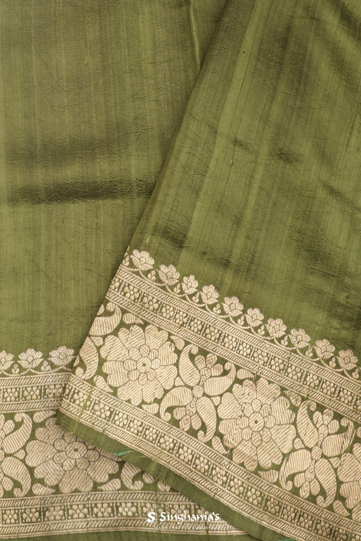 Dark Olive Green Printed Ajrakh Silk Saree