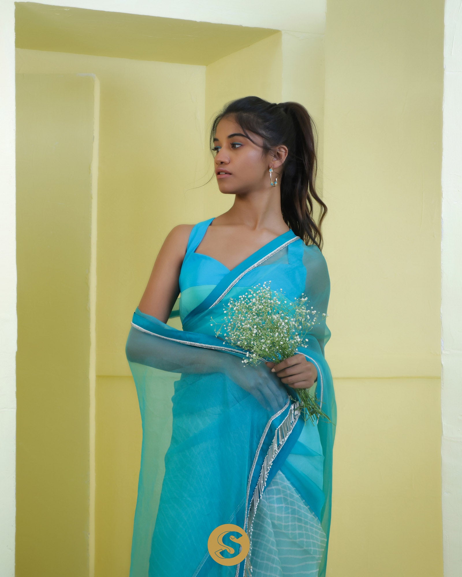 Carolina Blue Printed Organza Saree With Leheriya Pattern