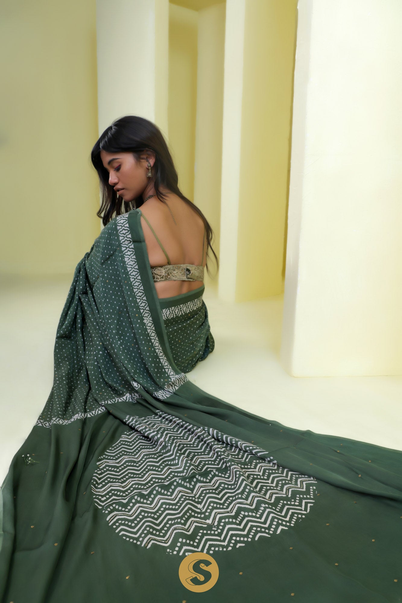 Hunter Green Satin Printed Embroidered Saree