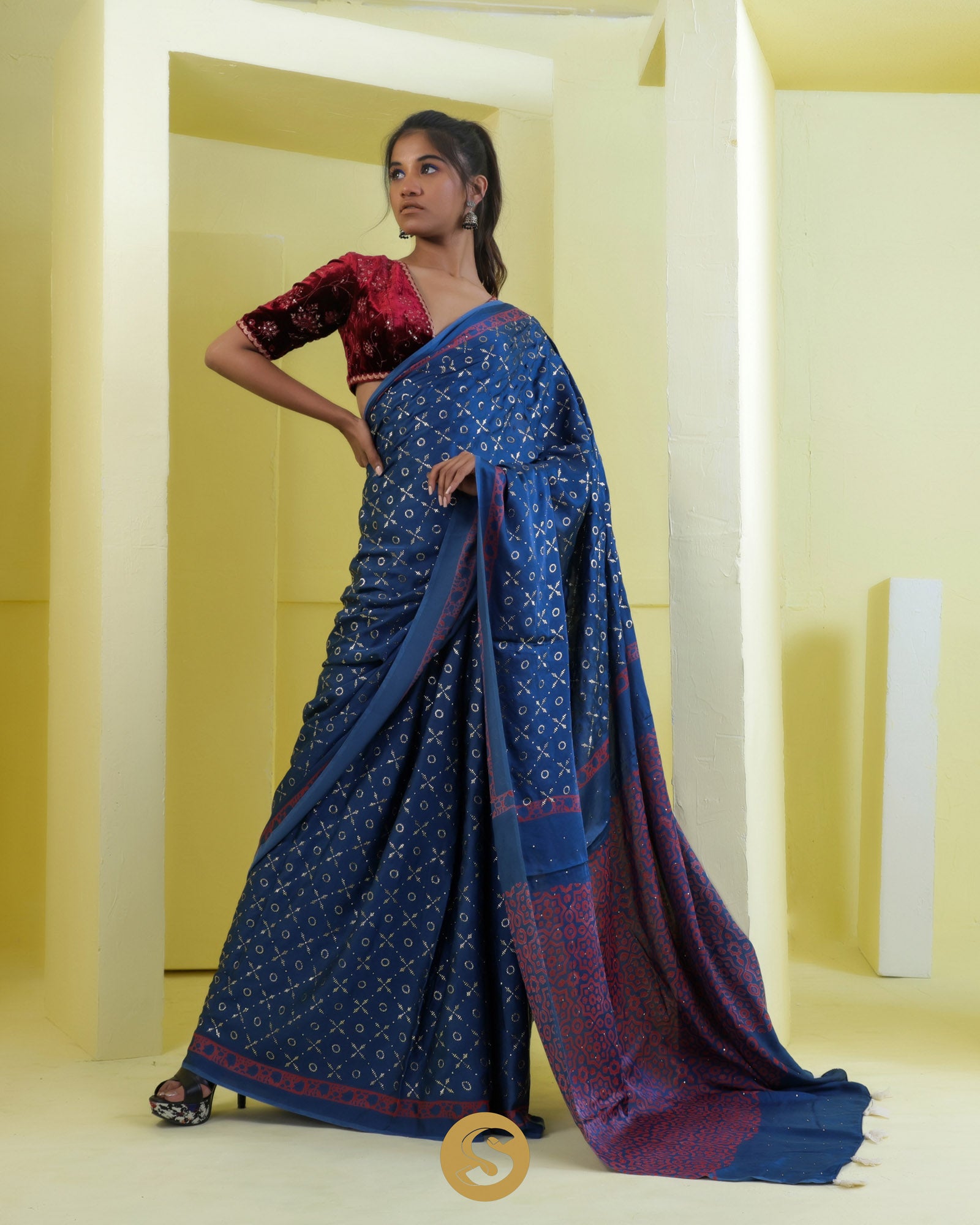 Dark Blue Satin Printed Saree With Mukaish Embroidery