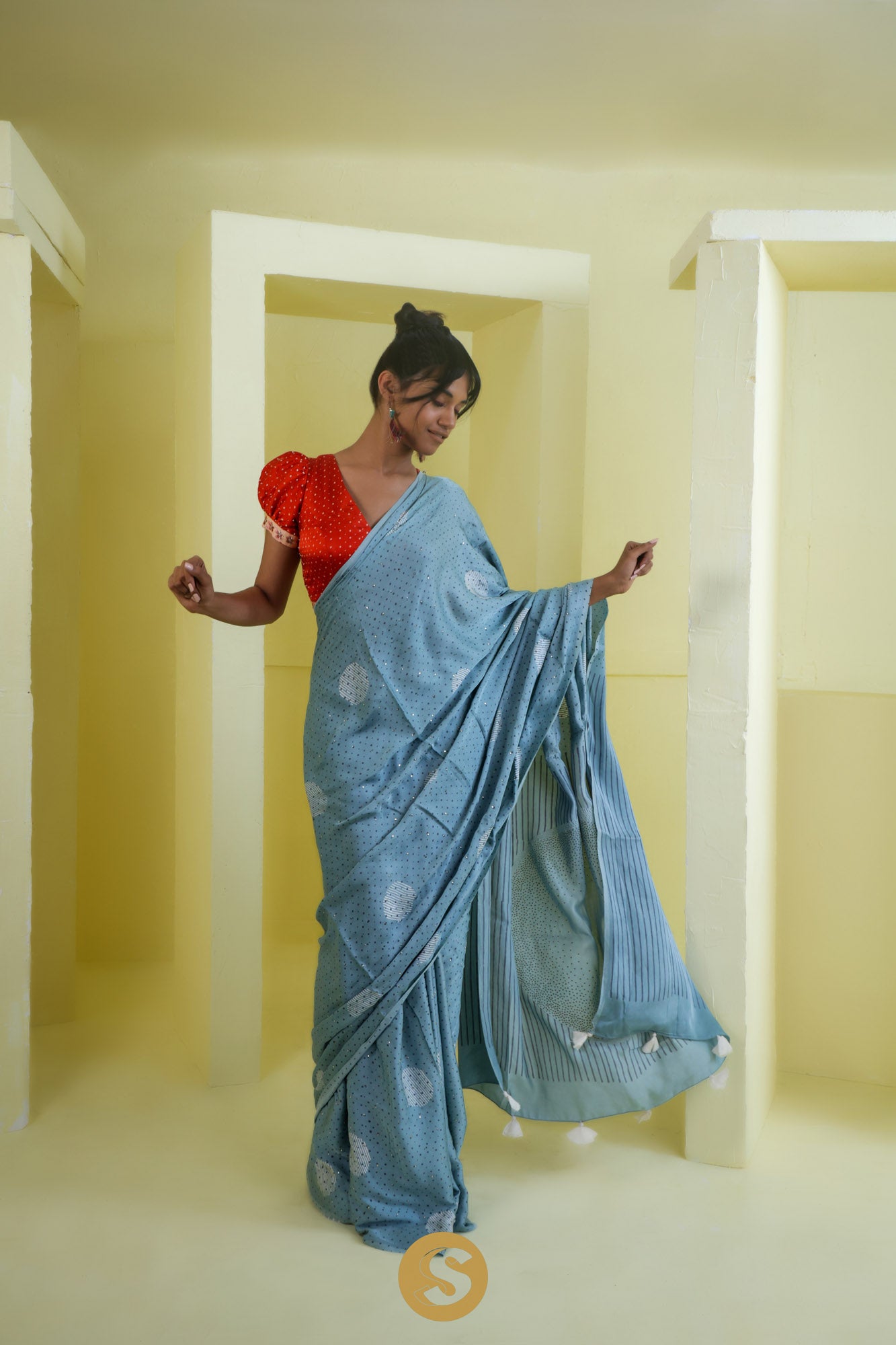 Uranian Blue Satin Printed Saree With Mukaish Embroidery