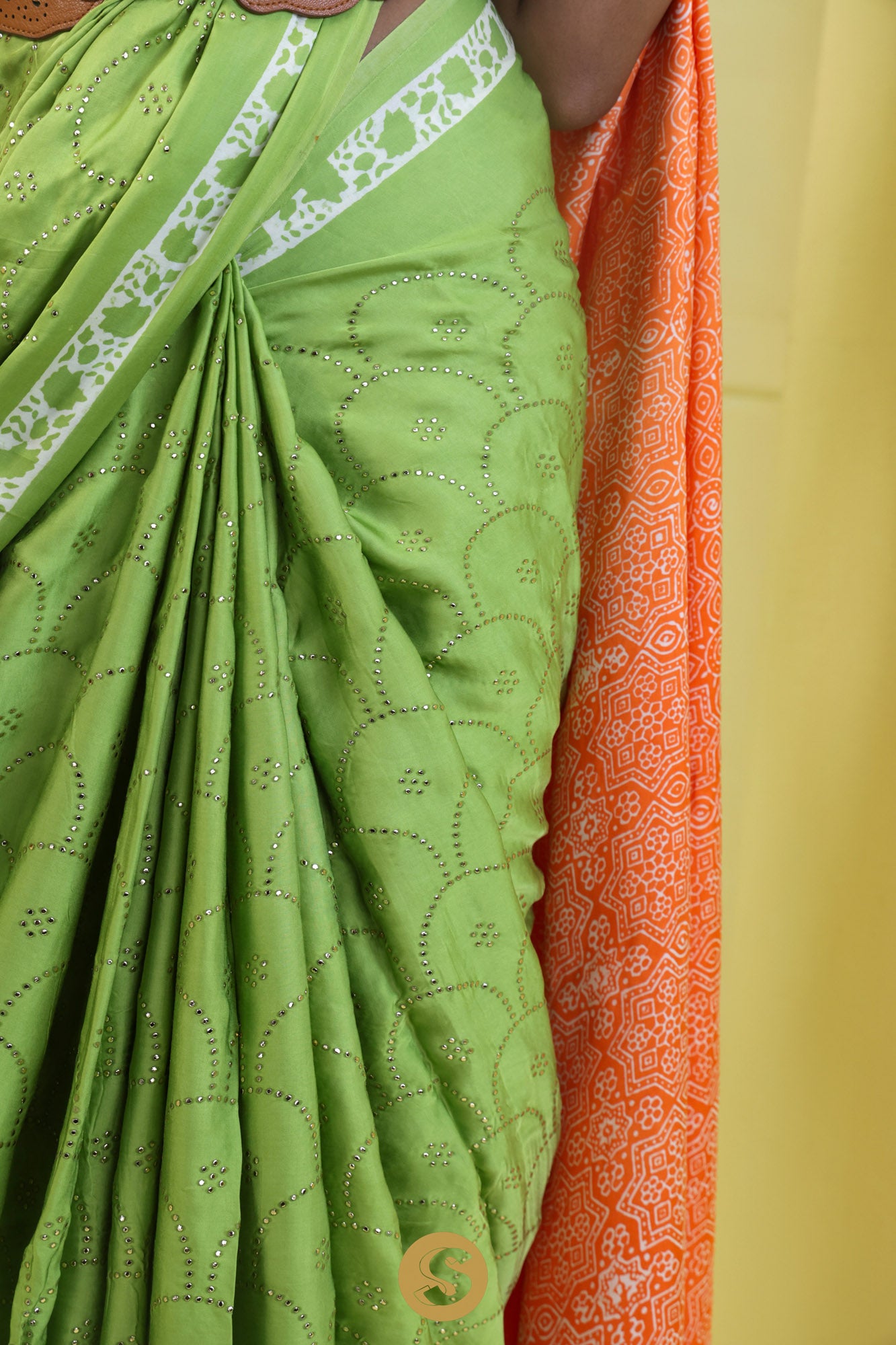 Crayola Yellow-Green Satin Printed Embroidered Saree