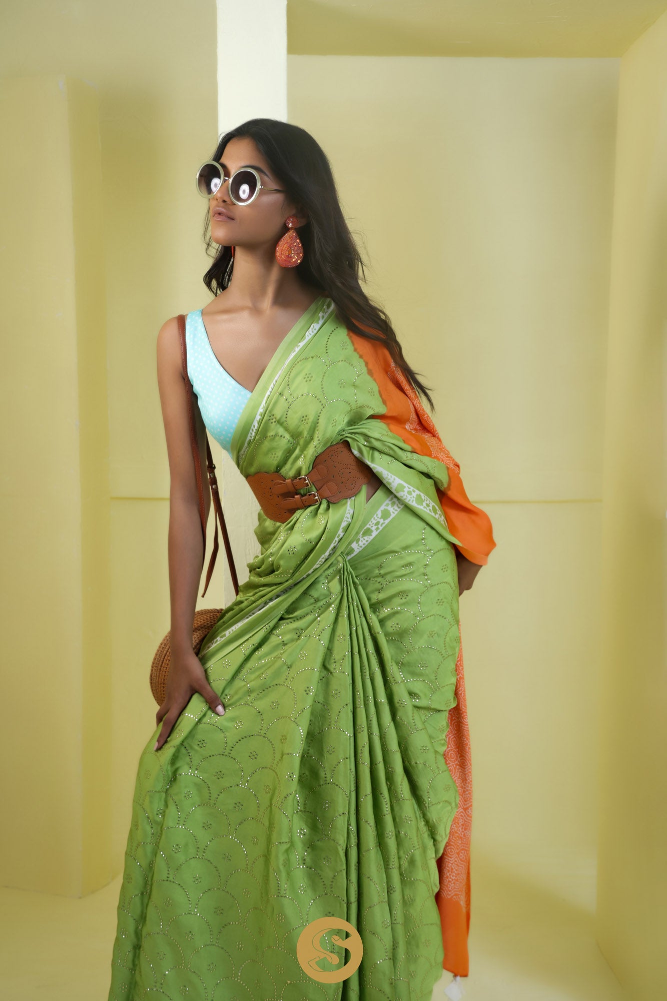 Crayola Yellow-Green Satin Printed Embroidered Saree