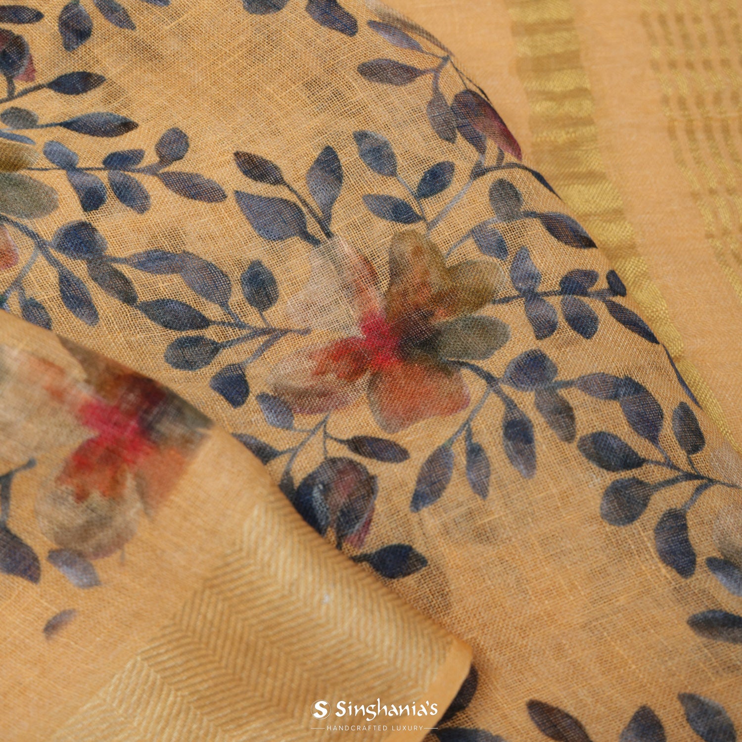 Sand Yellow Printed Linen Saree With Floral Pattern