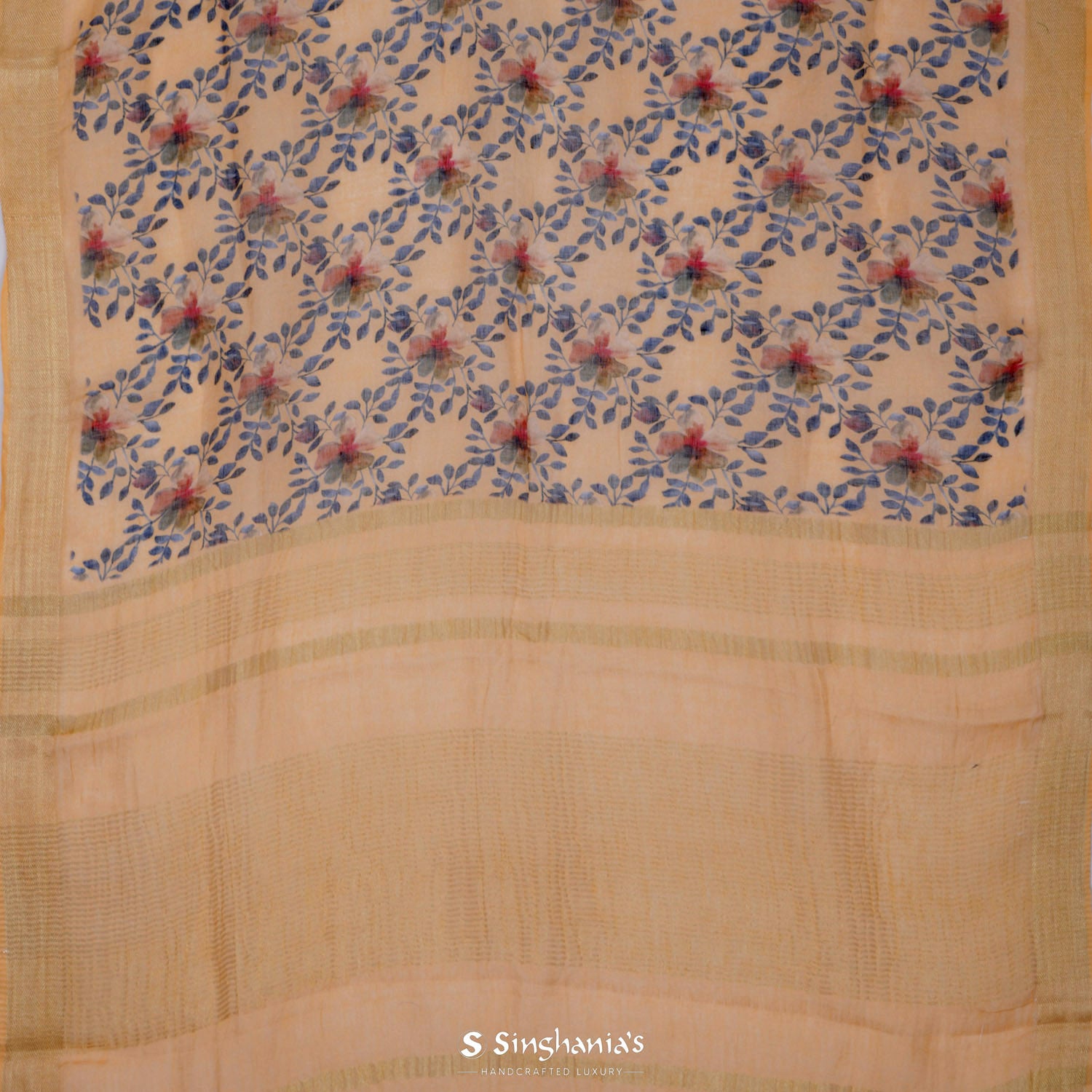 Sand Yellow Printed Linen Saree With Floral Pattern