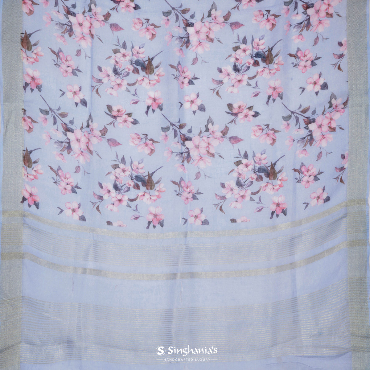Glaucous Blue Printed Lenin Saree With Floral Pattern