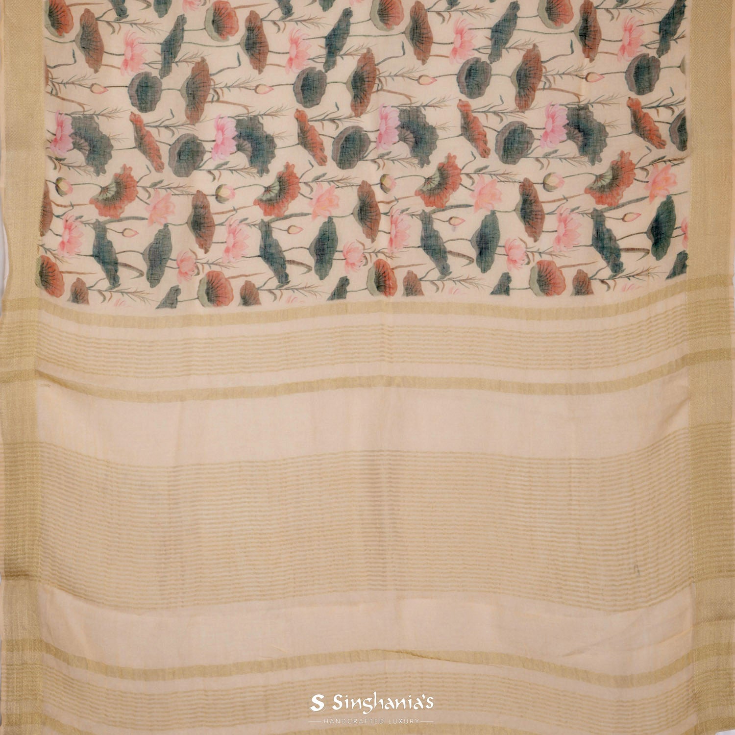 Light Cream Printed Linen Saree With Floral Pattern