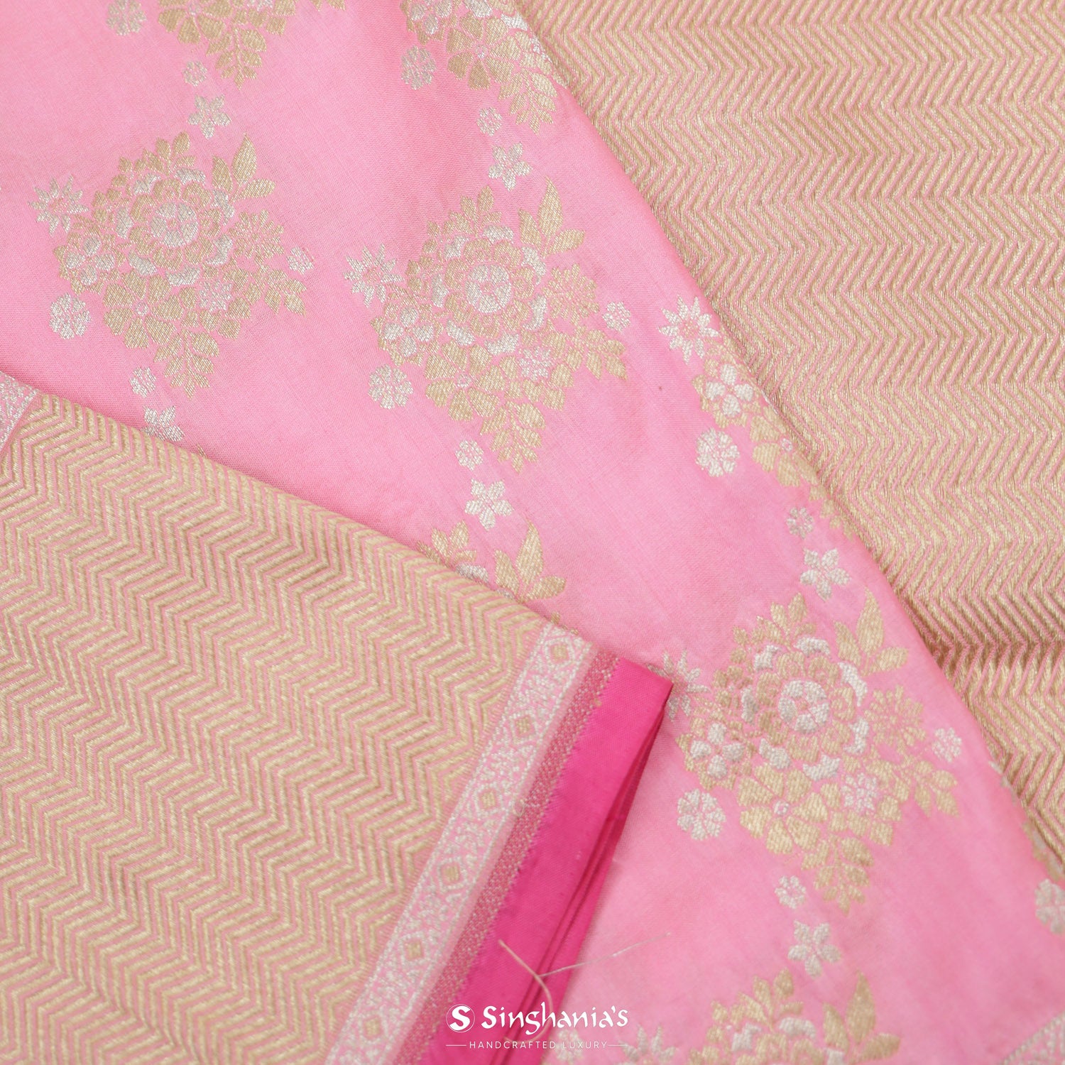 Carnation Pink Banarasi Saree With Meenakari Zari Weaving