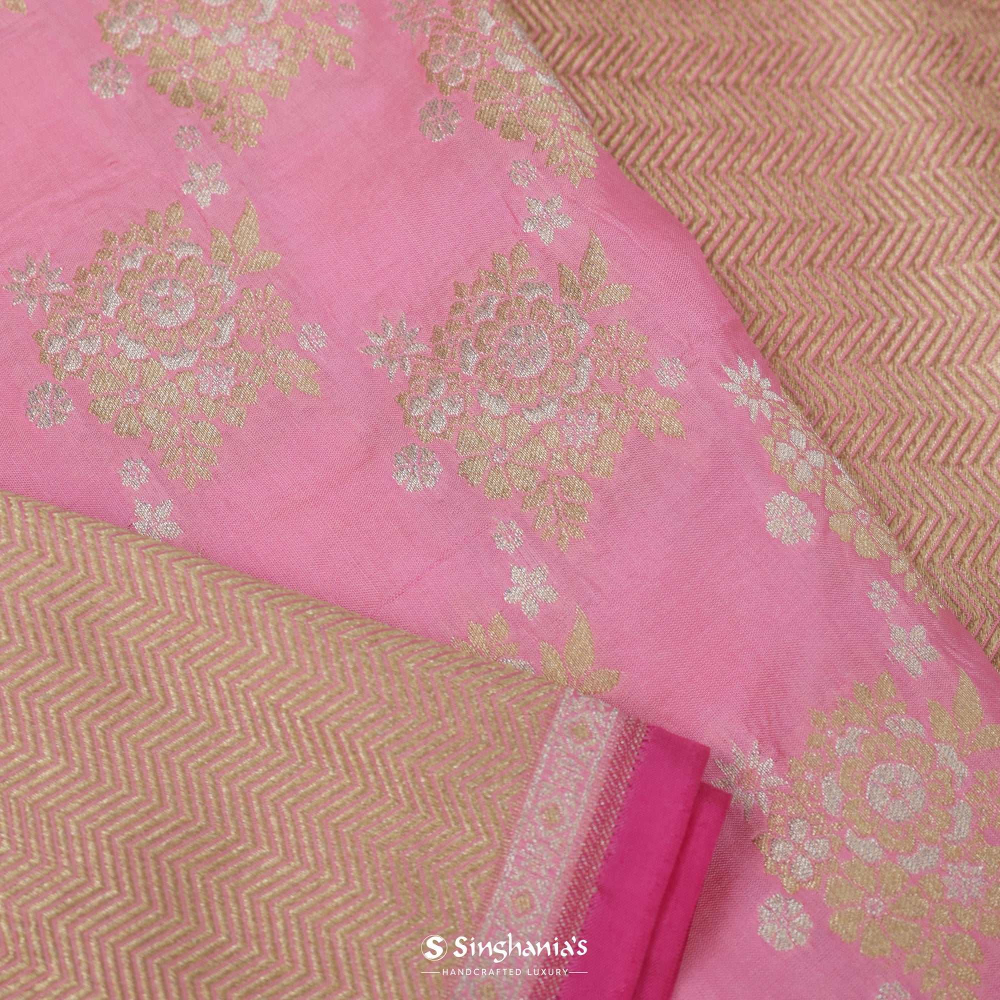 Carnation Pink Silk Saree With Banarasi Weaving