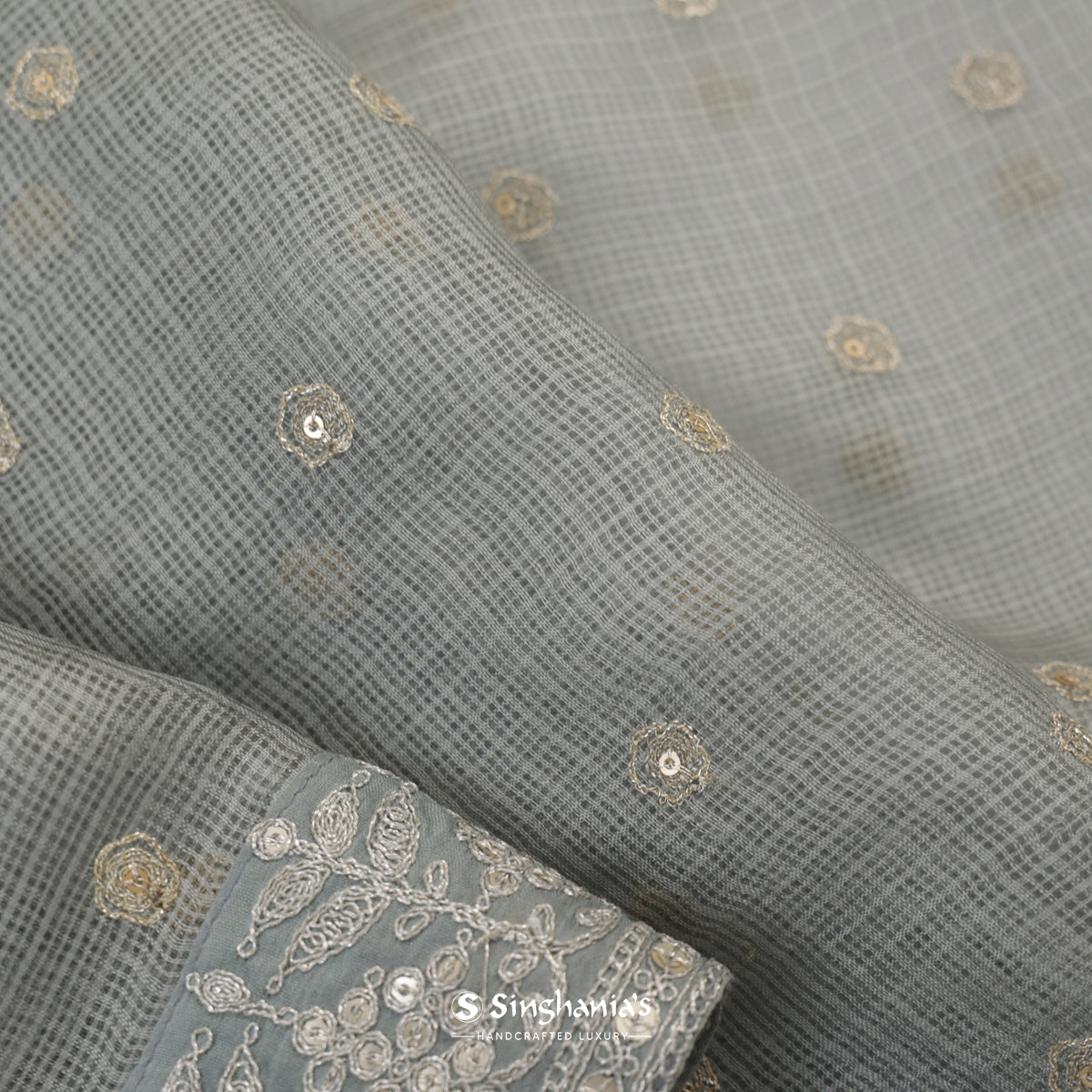 Pure Silver Gray Kota Silk Saree With Floral Buttis