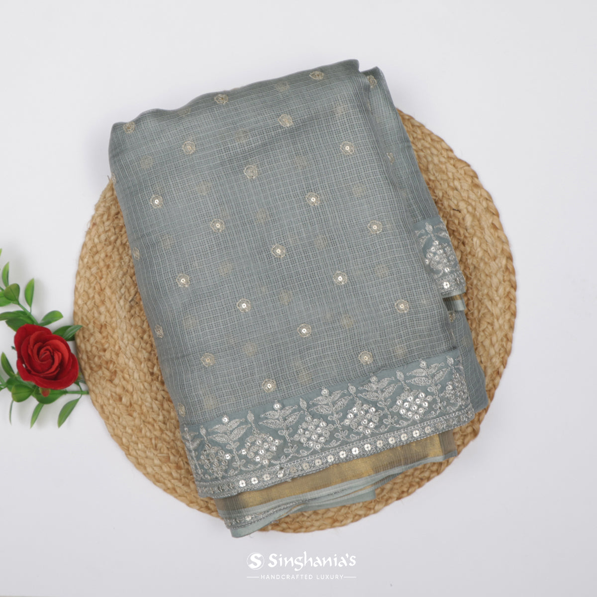 Pure Silver Gray Kota Silk Saree With Floral Buttis