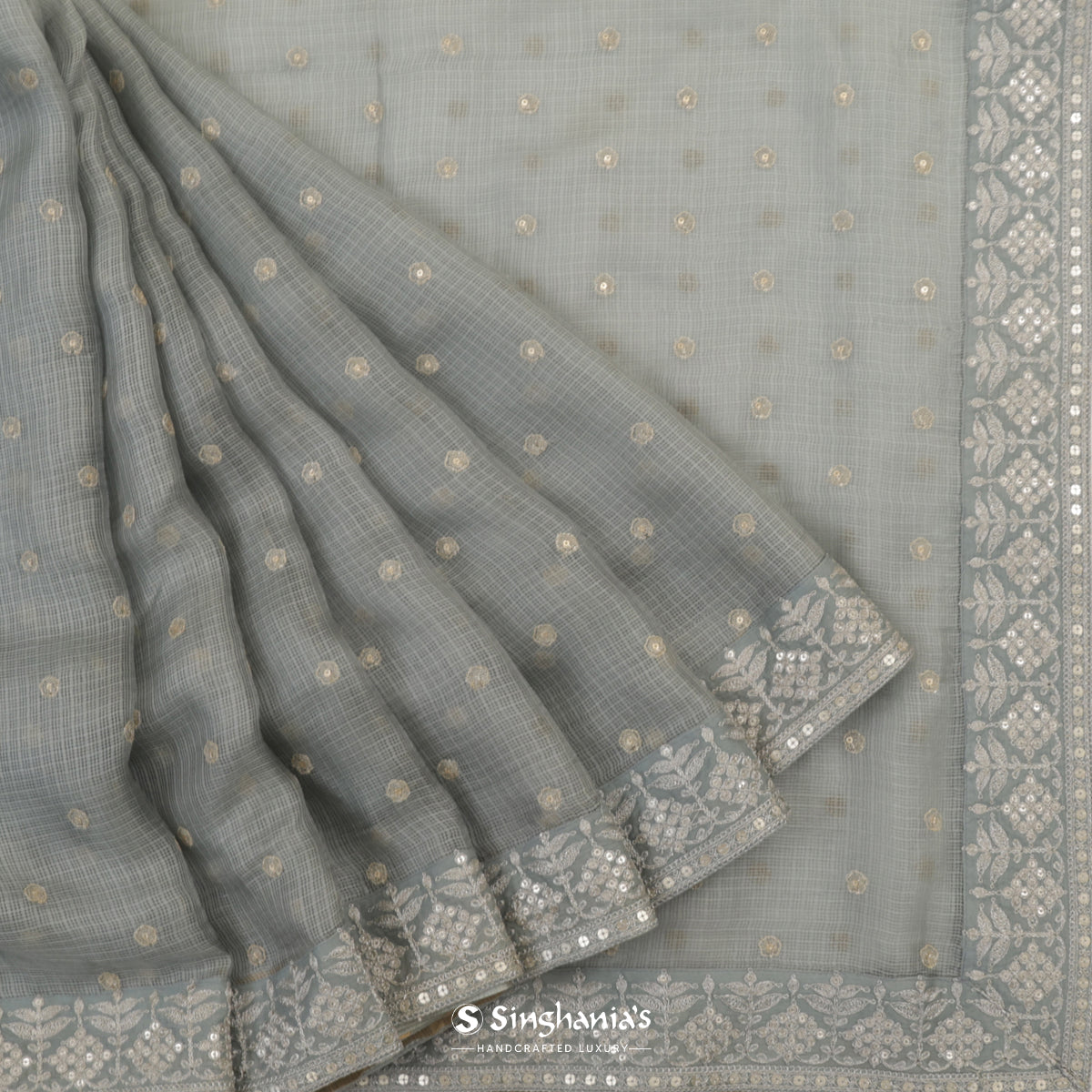 Pure Silver Gray Kota Silk Saree With Floral Buttis