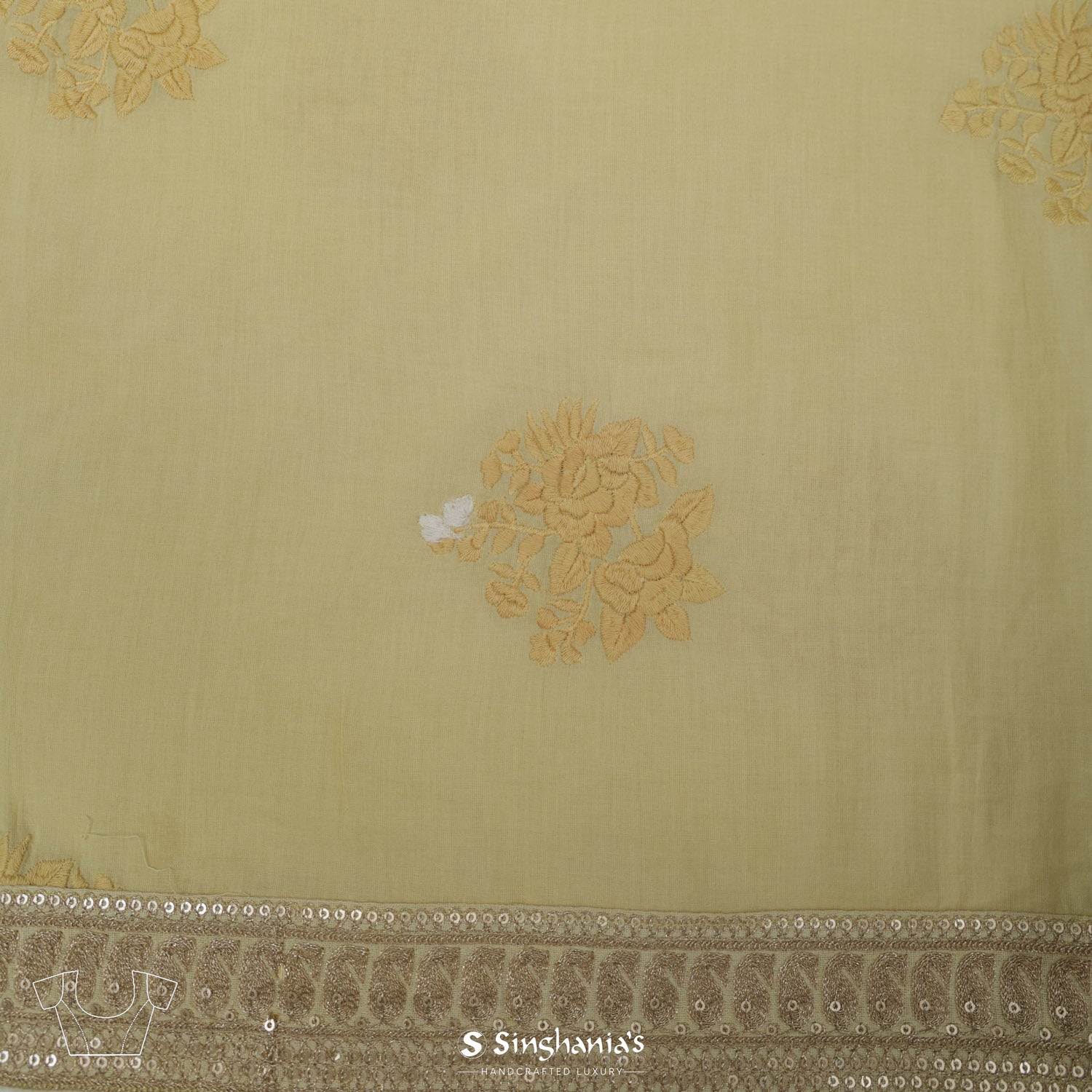 Pale Goldenrod Organza Saree With Floral Buttas