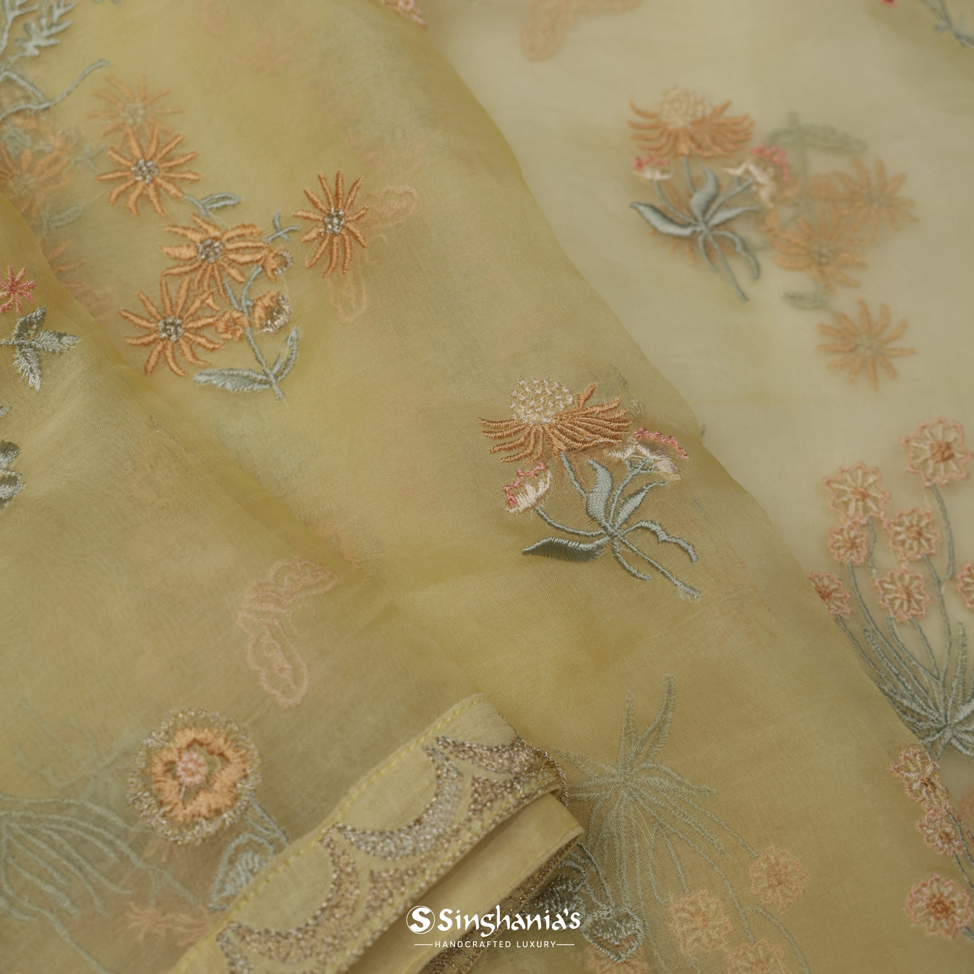 Pale Goldenrod Yellow Organza Saree With Embroidery