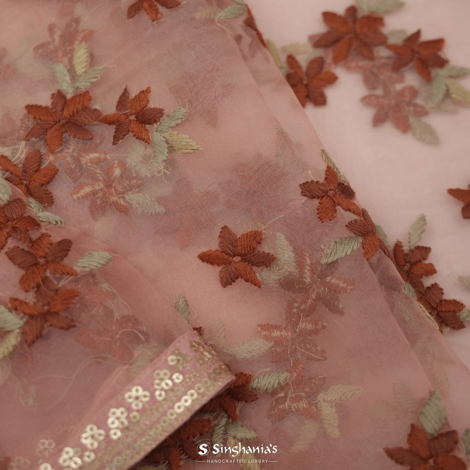 Salmon Pink Organza Saree With Hand Embroidery