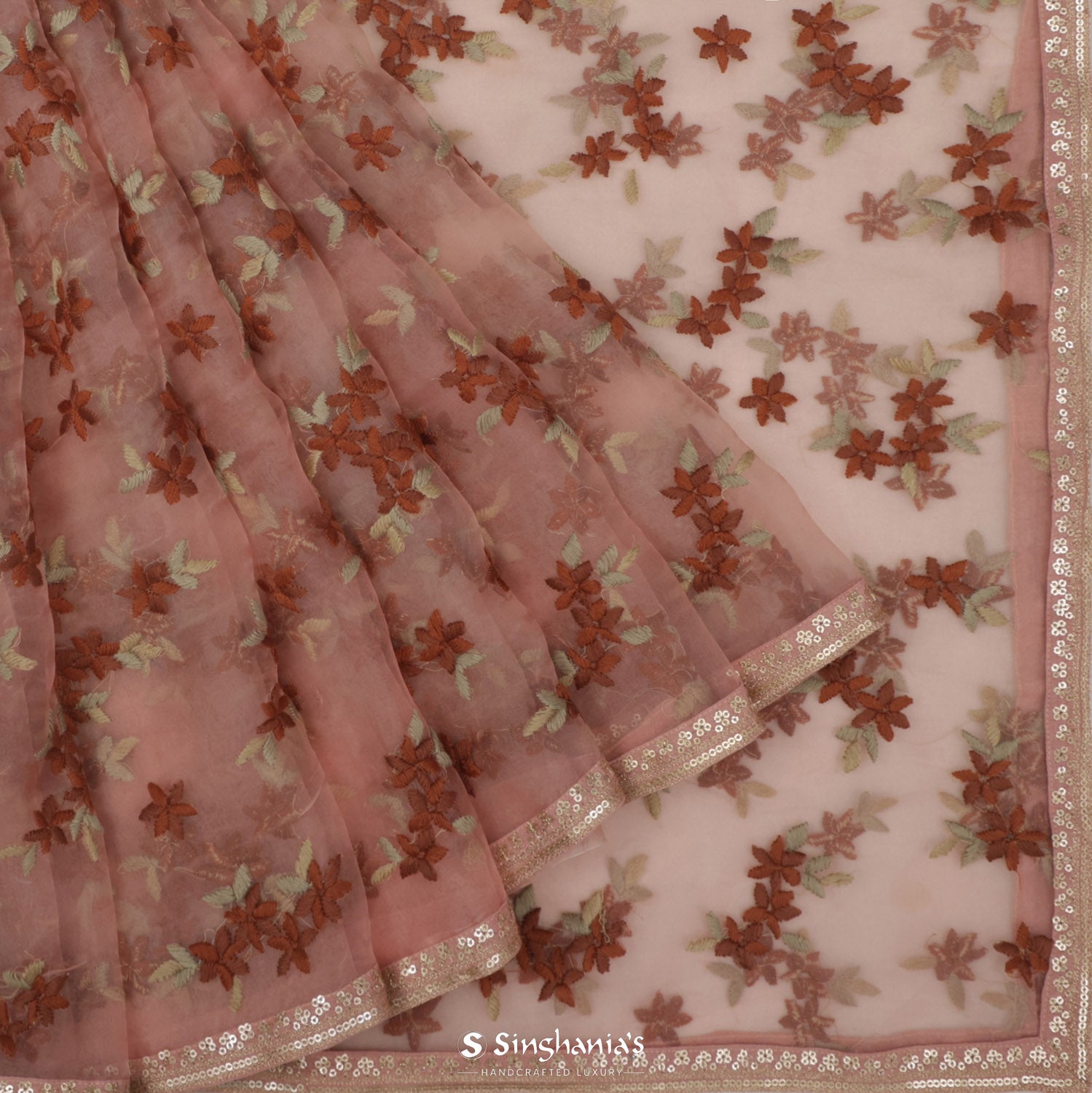 Salmon Pink Organza Saree With Hand Embroidery