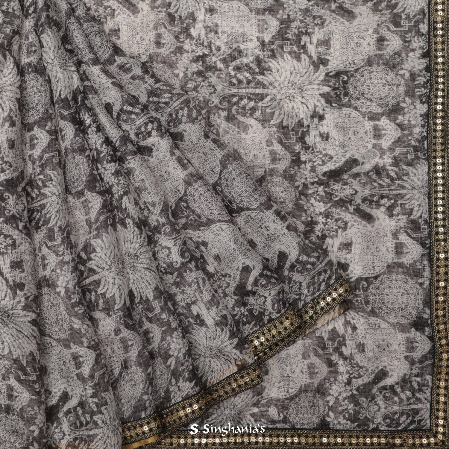 Taupe Black Printed Kota Silk Saree With Floral And Animal Pattern
