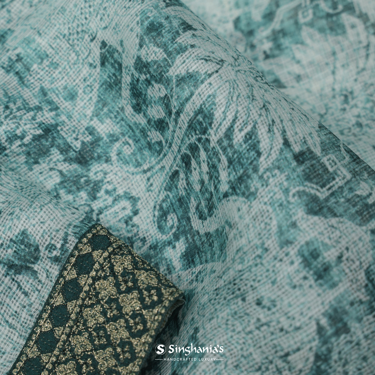 Tiffany Blue Printed Kota Silk Saree With Flora-Fauna Pattern