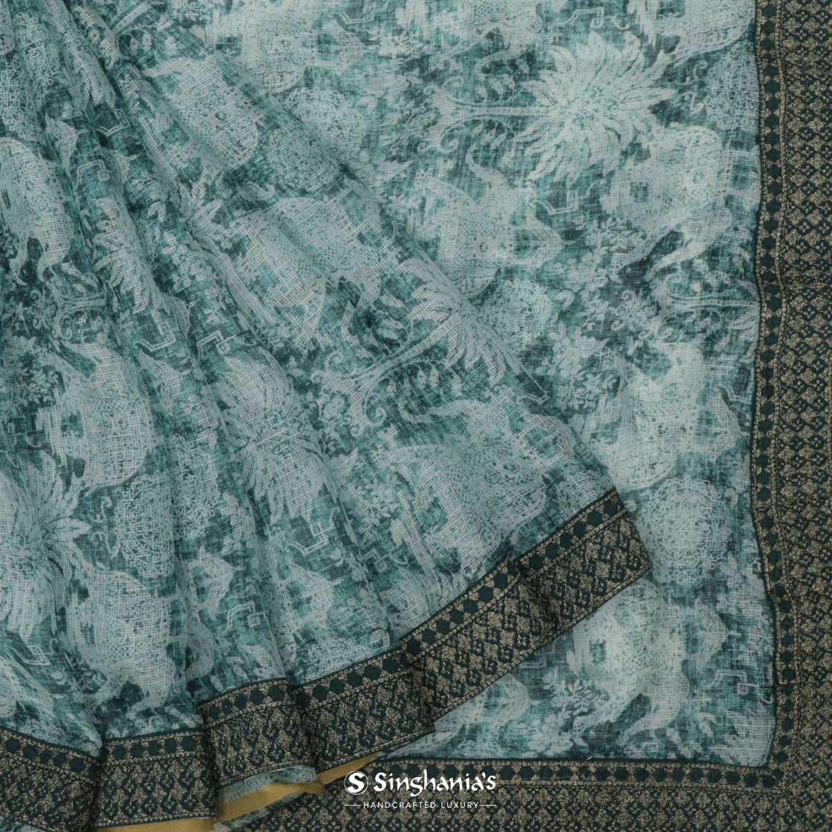 Tiffany Blue Printed Kota Silk Saree With Flora-Fauna Pattern