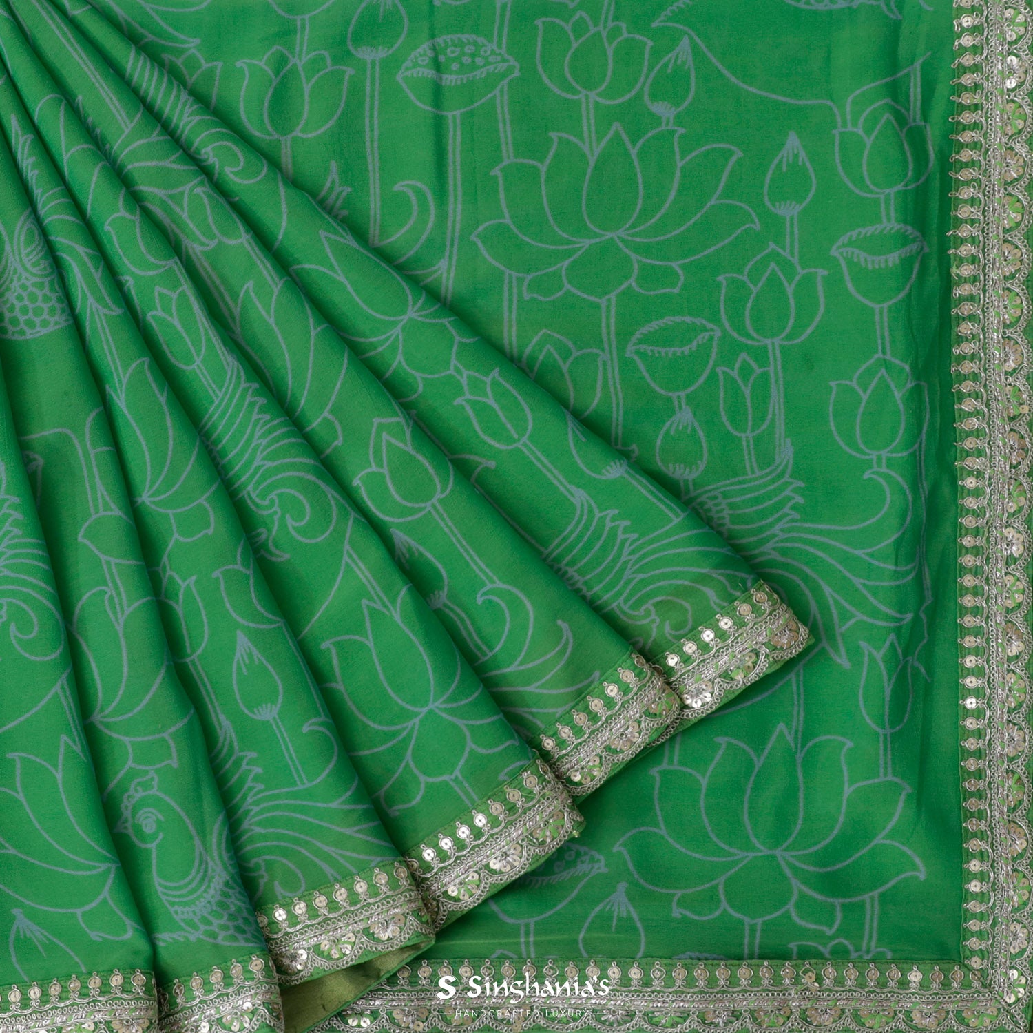 Jade Green Printed Georgette Saree In Floral Pattern