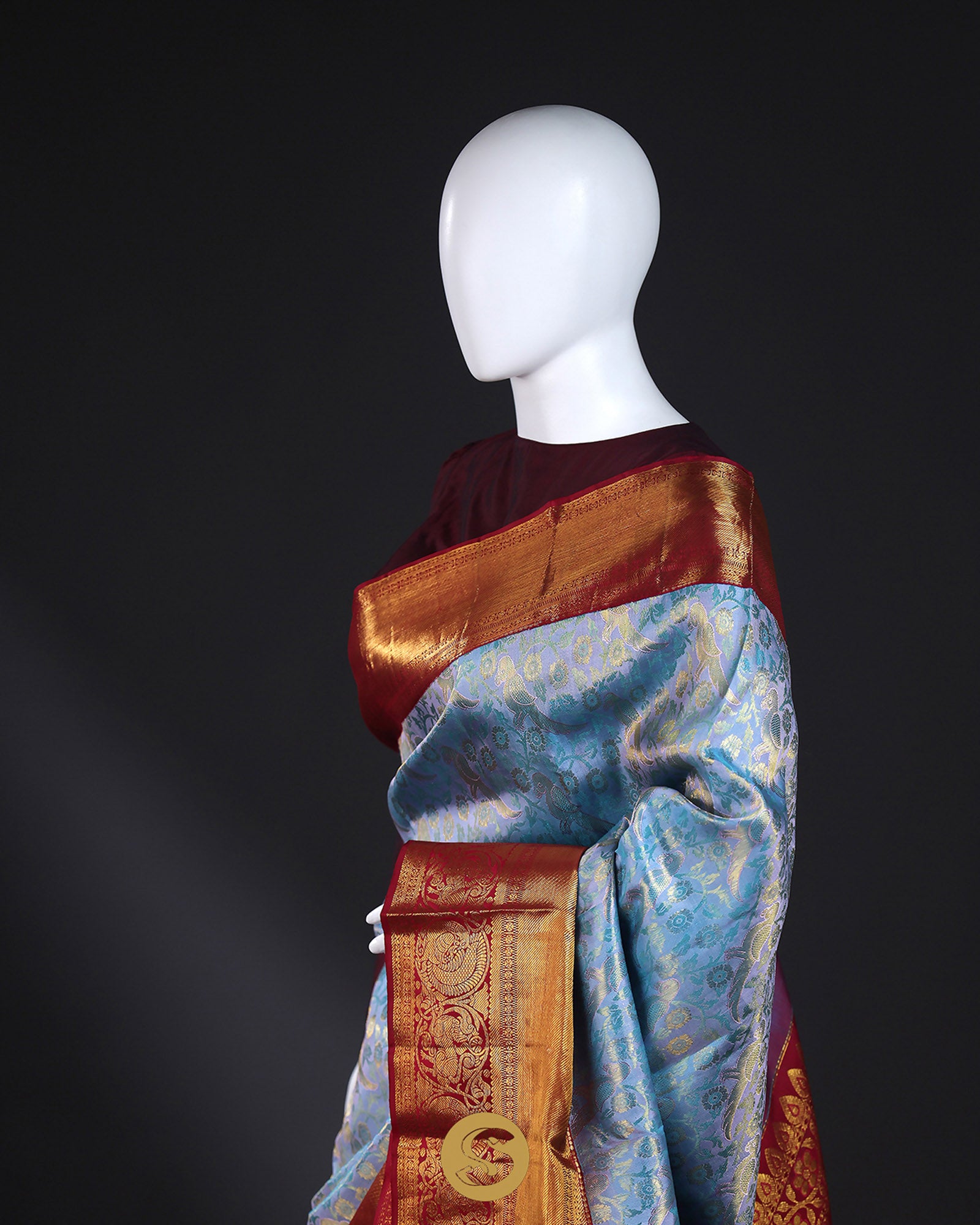 Blue Grey Kanjivaram Silk Saree With Floral-Bird Design