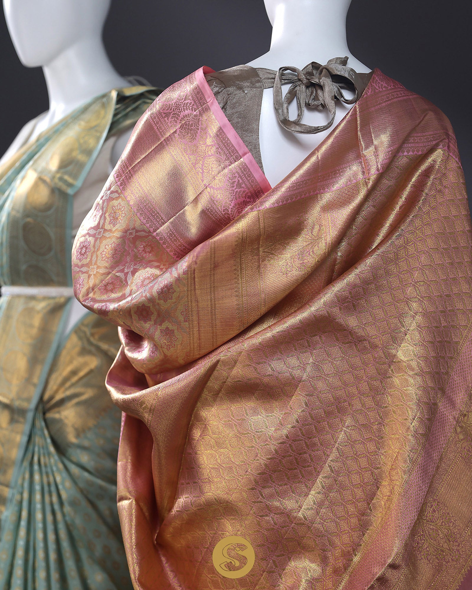Pink Gold Tissue Kanjivaram Saree With Floral Jaal Weaving