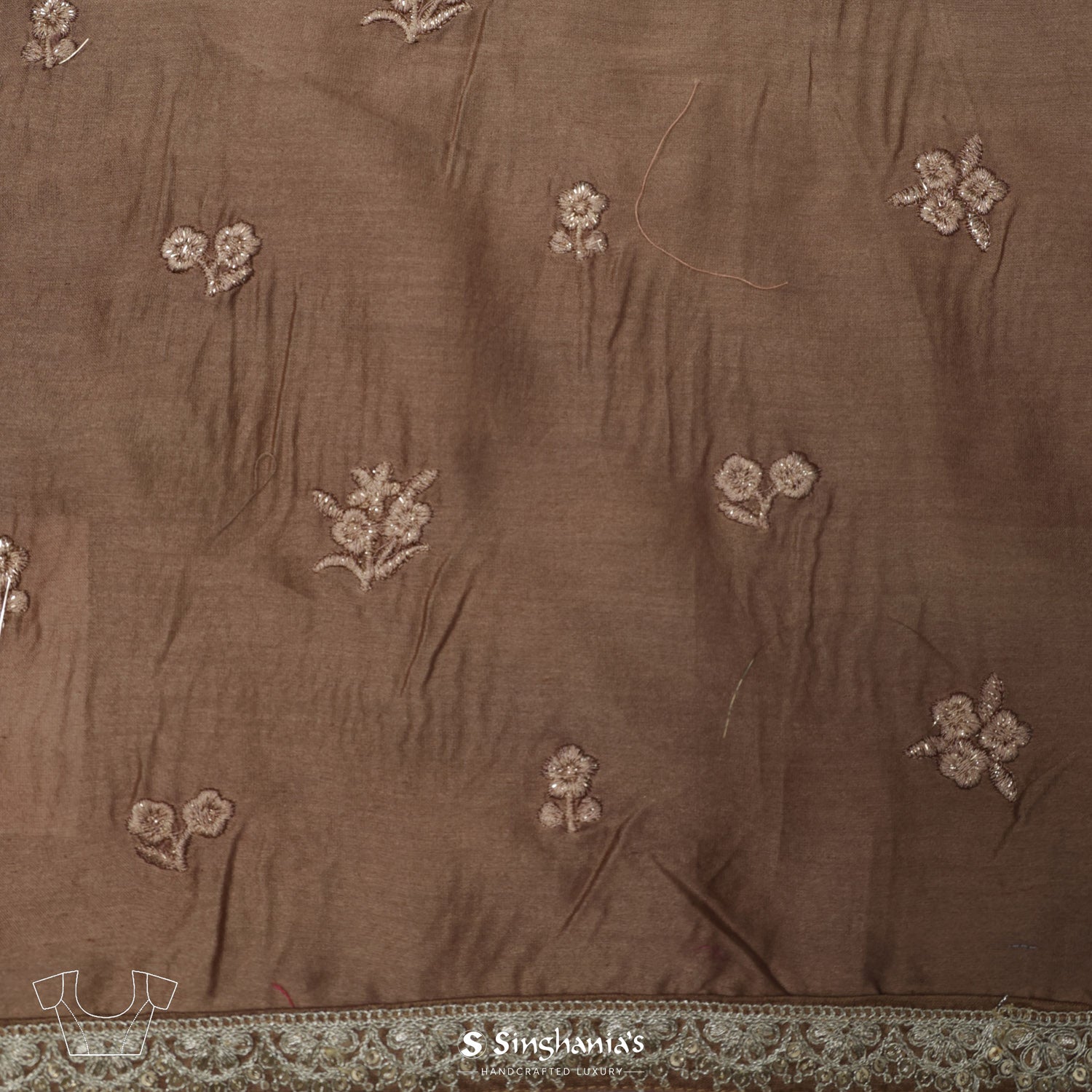 Light Taupe Brown Printed Organza Saree With Embroidery