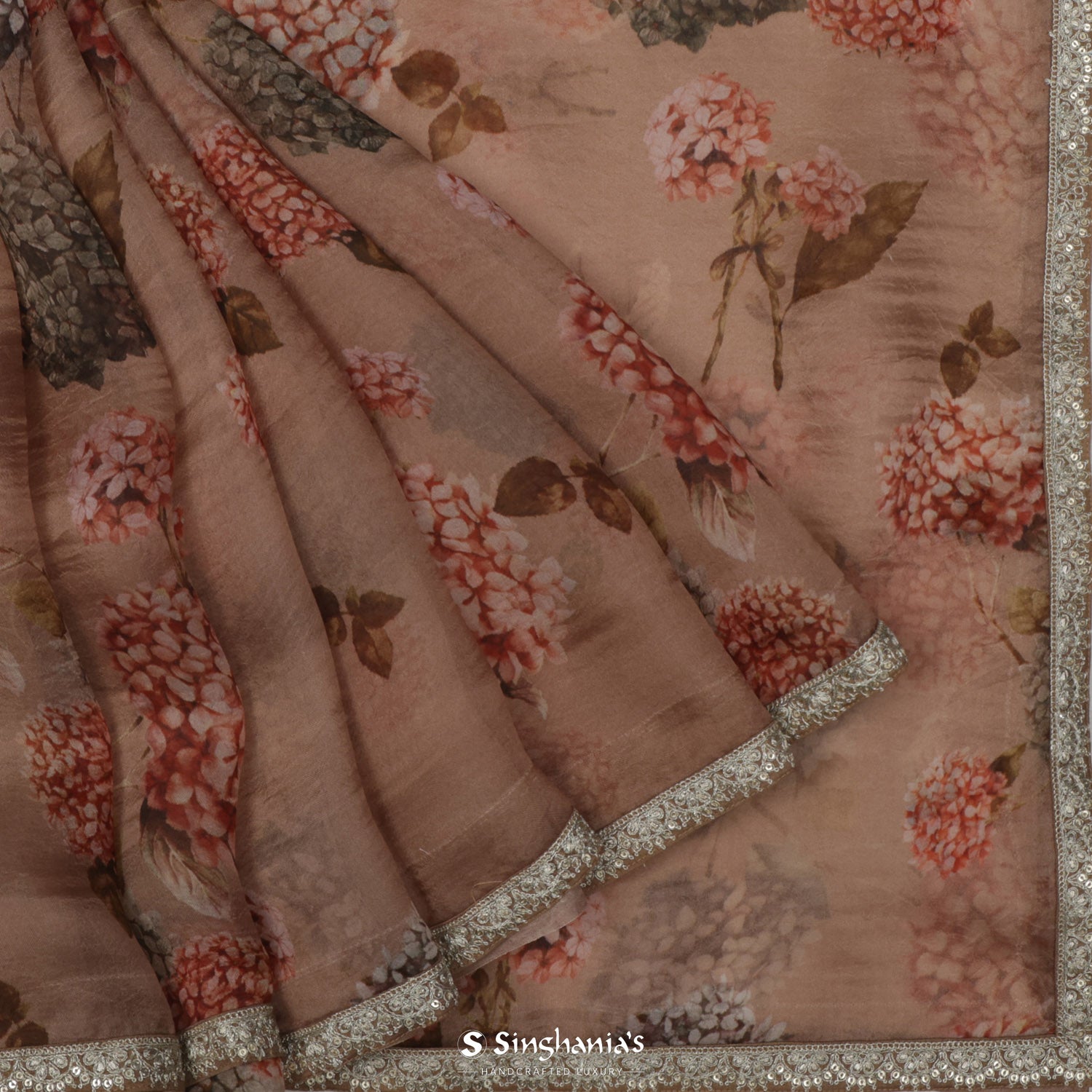 Light Taupe Brown Printed Organza Saree With Embroidery