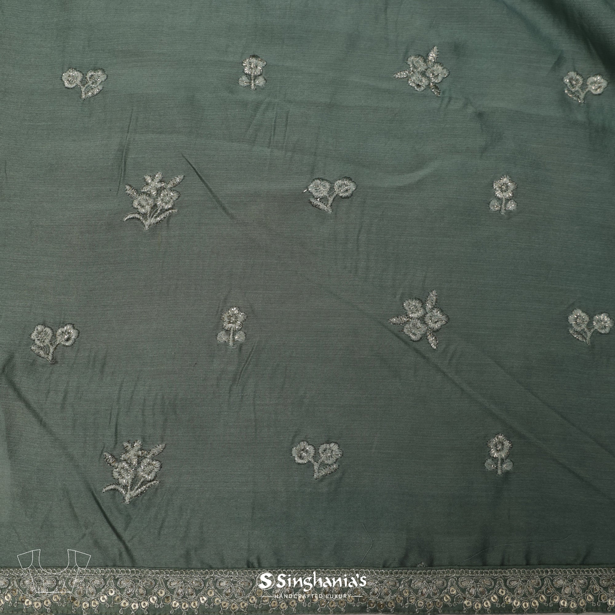 Sap Green Printed Organza Saree With Embroidery