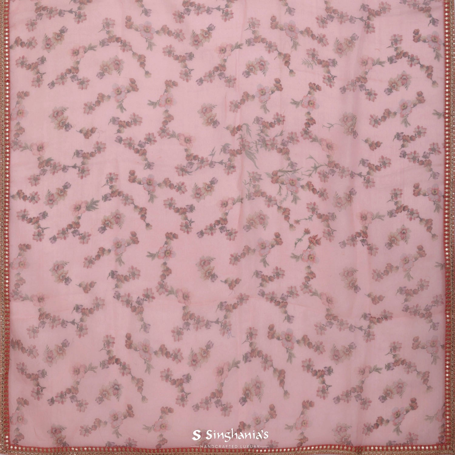 Salmon Pink Printed Organza Saree With Floral Pattern