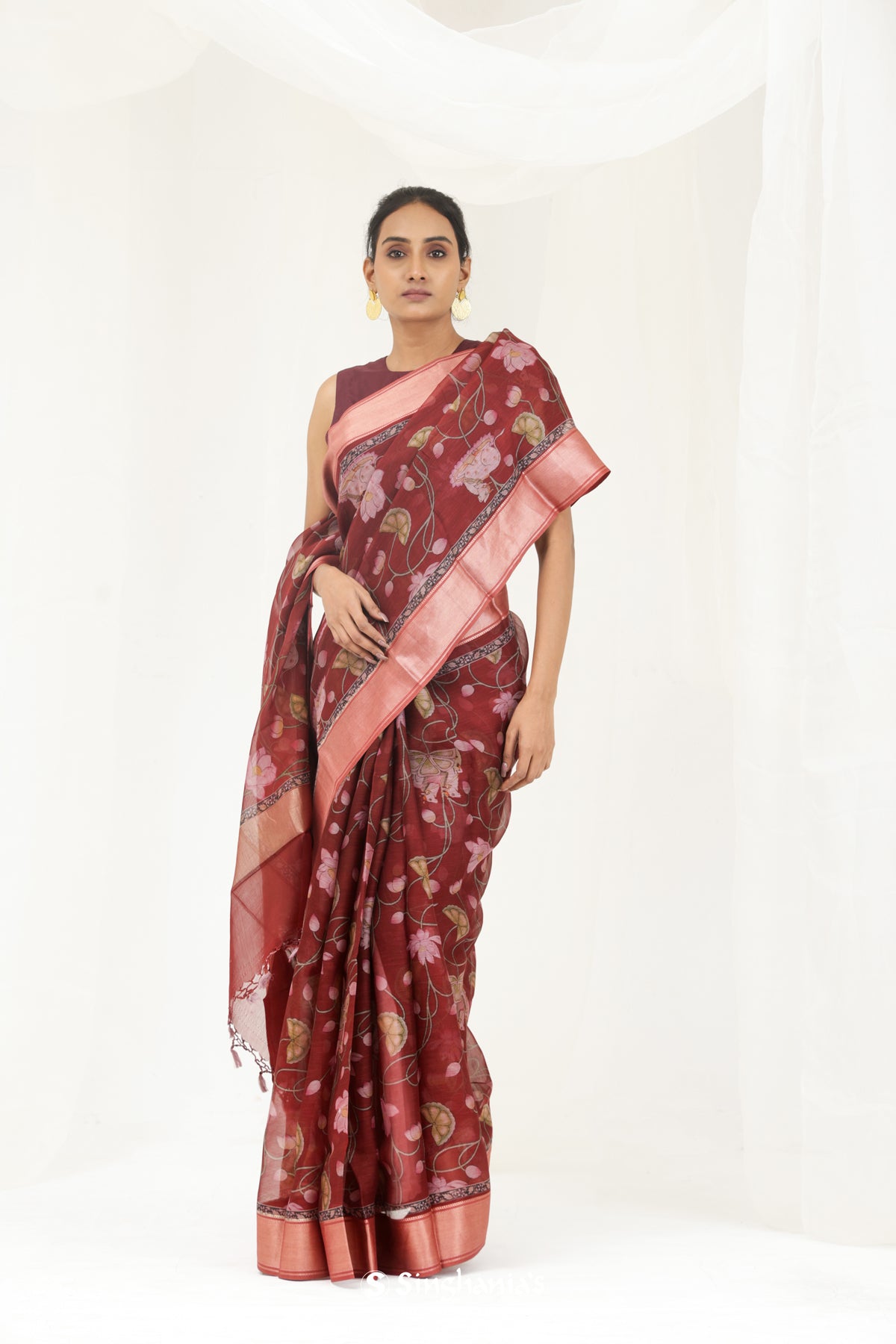 Chinese Maroon Printed Maheshwari Saree With Pichwai Design