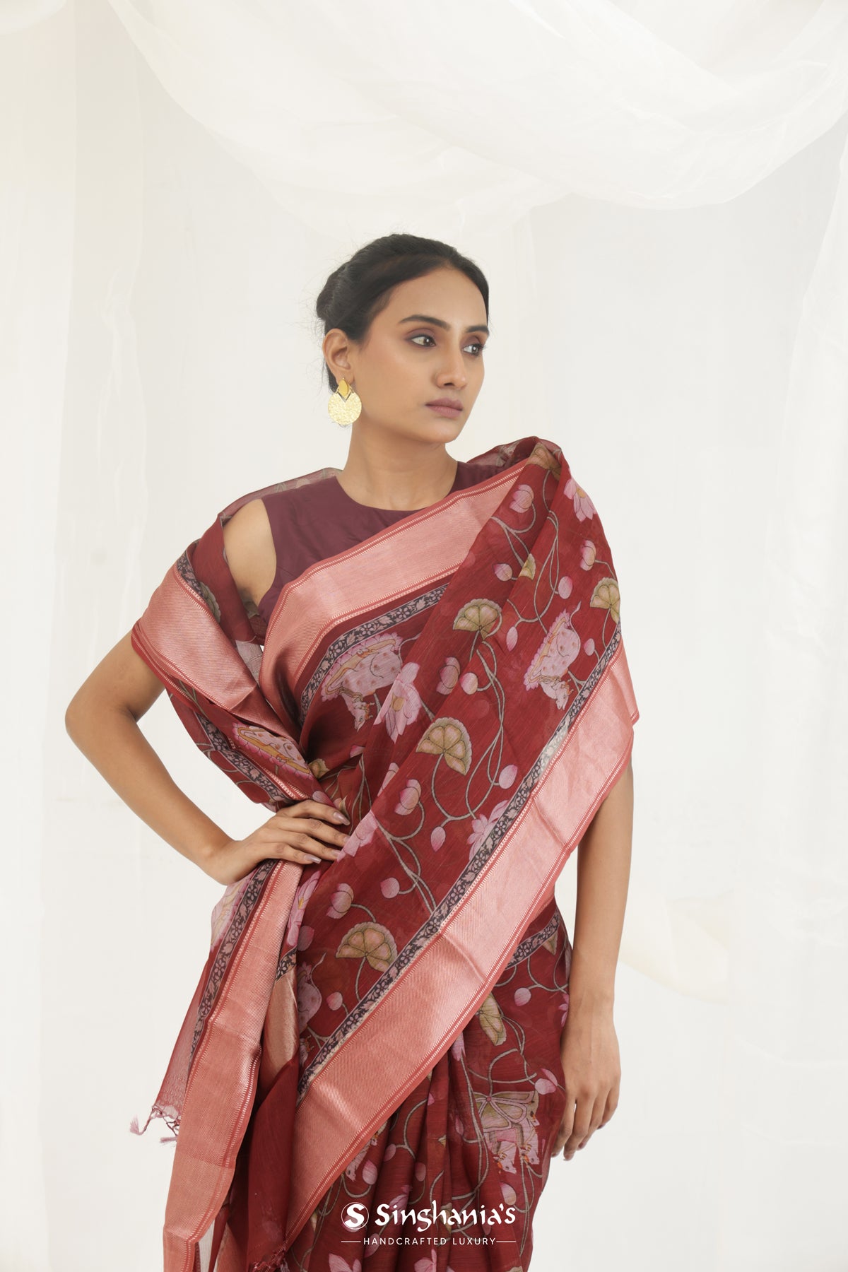 Chinese Maroon Printed Maheshwari Saree With Pichwai Design