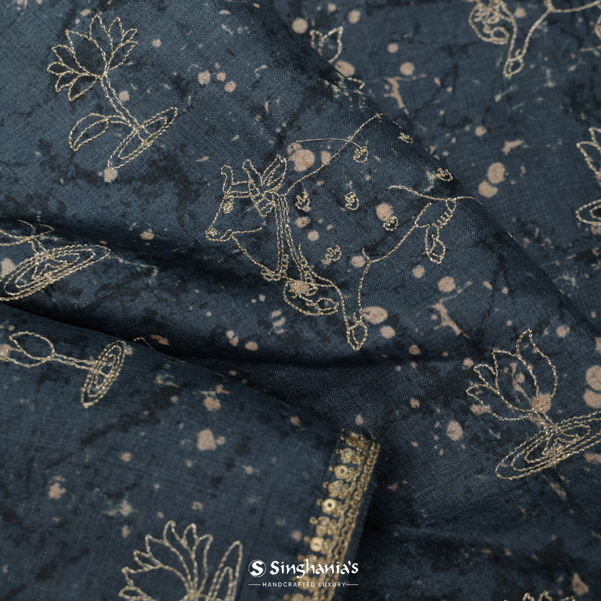 Spruce Blue Tussar Silk Saree With Zari Woven In Flora-Fauna Pattern