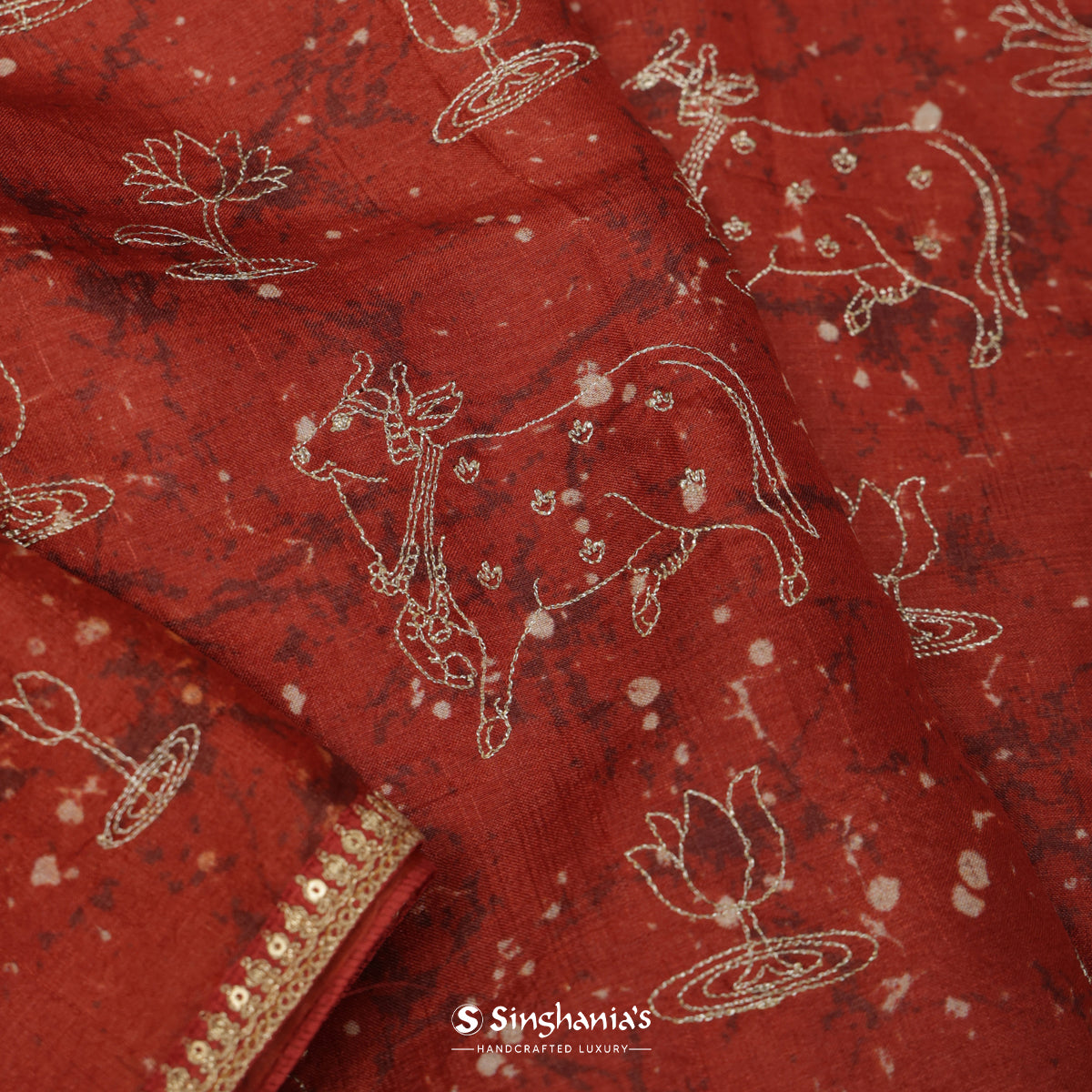 Auburn Red Tussar Silk Saree With Zari Woven In Flora-Fauna Pattern