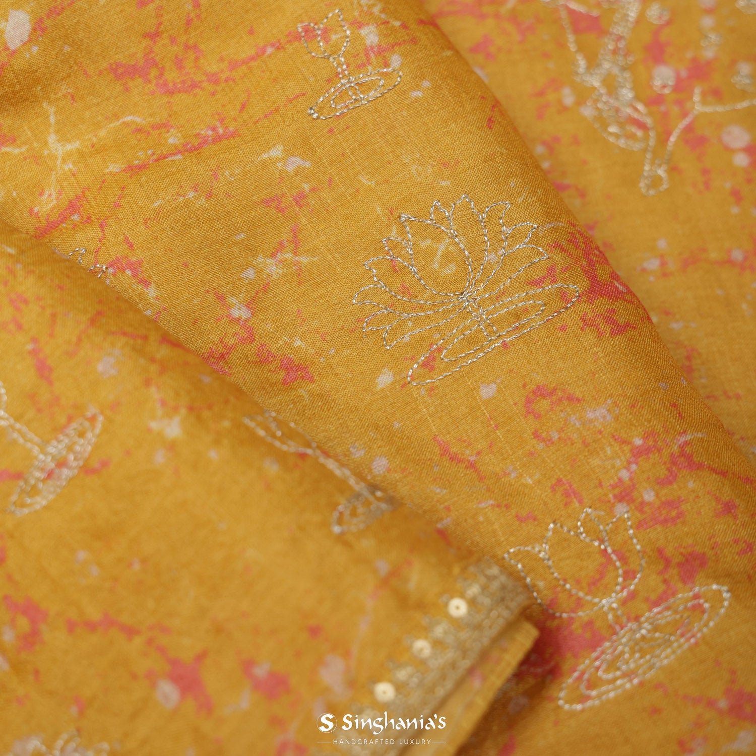 Goldenrod Yellow Printed Tussar Silk Saree With Abstract Pattern