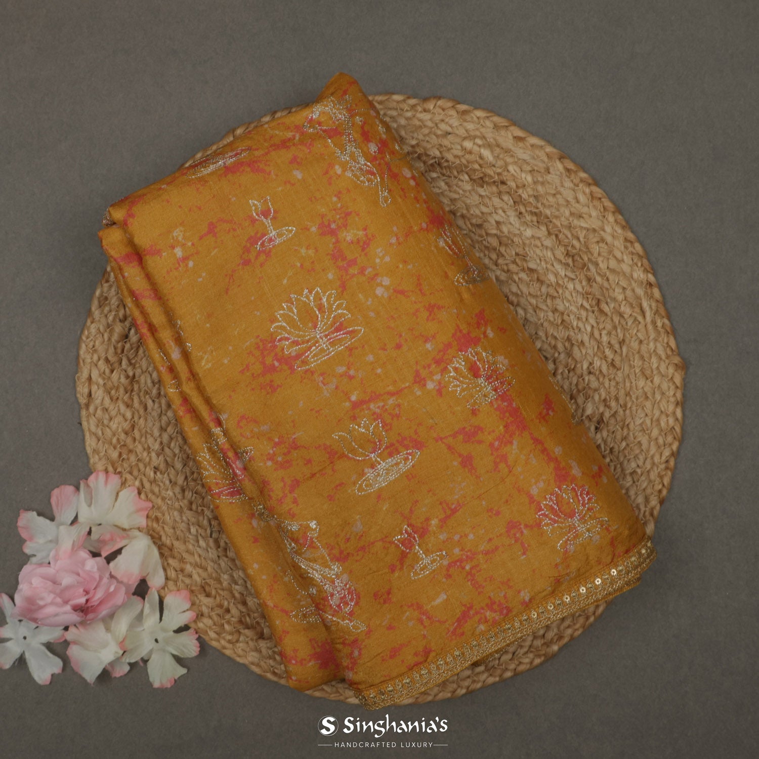 Goldenrod Yellow Printed Tussar Silk Saree With Abstract Pattern