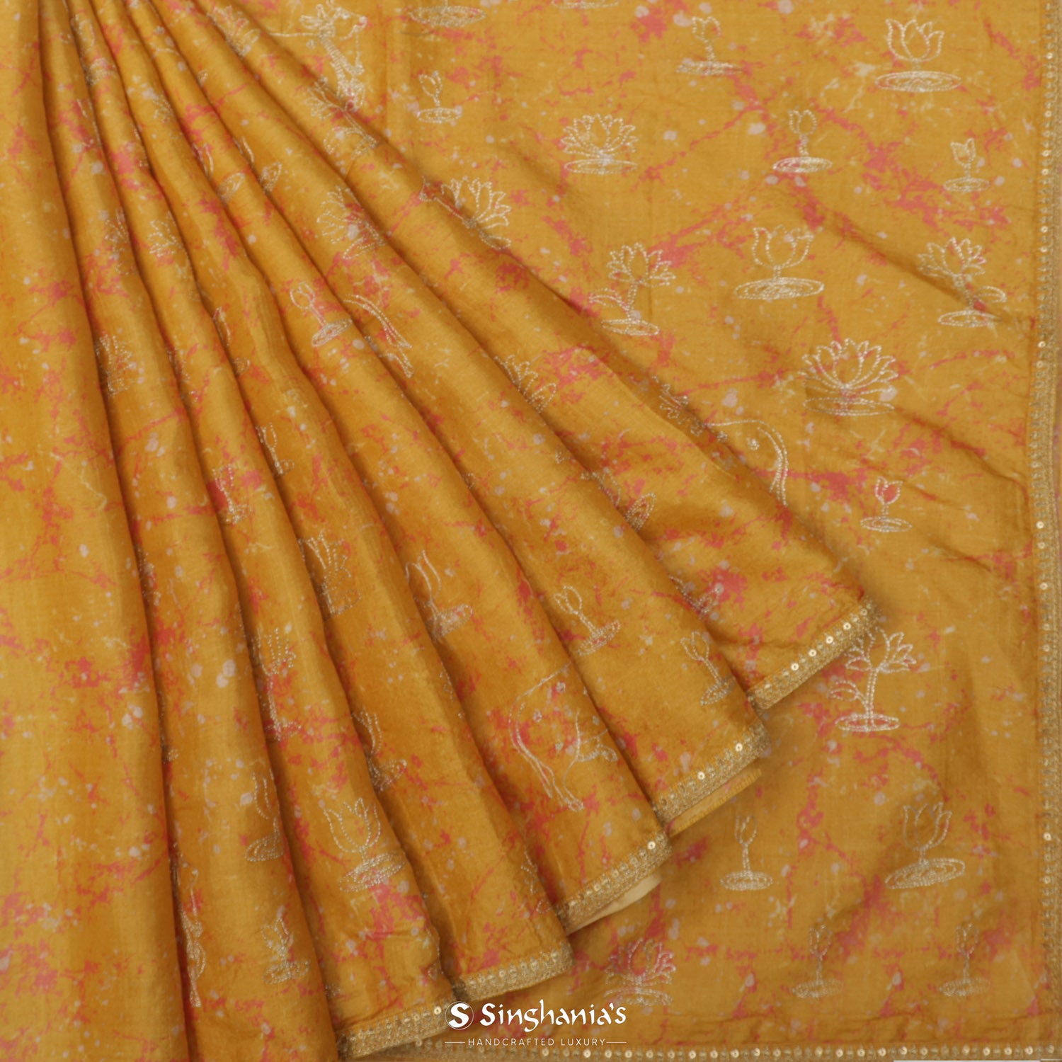 Goldenrod Yellow Printed Tussar Silk Saree With Abstract Pattern