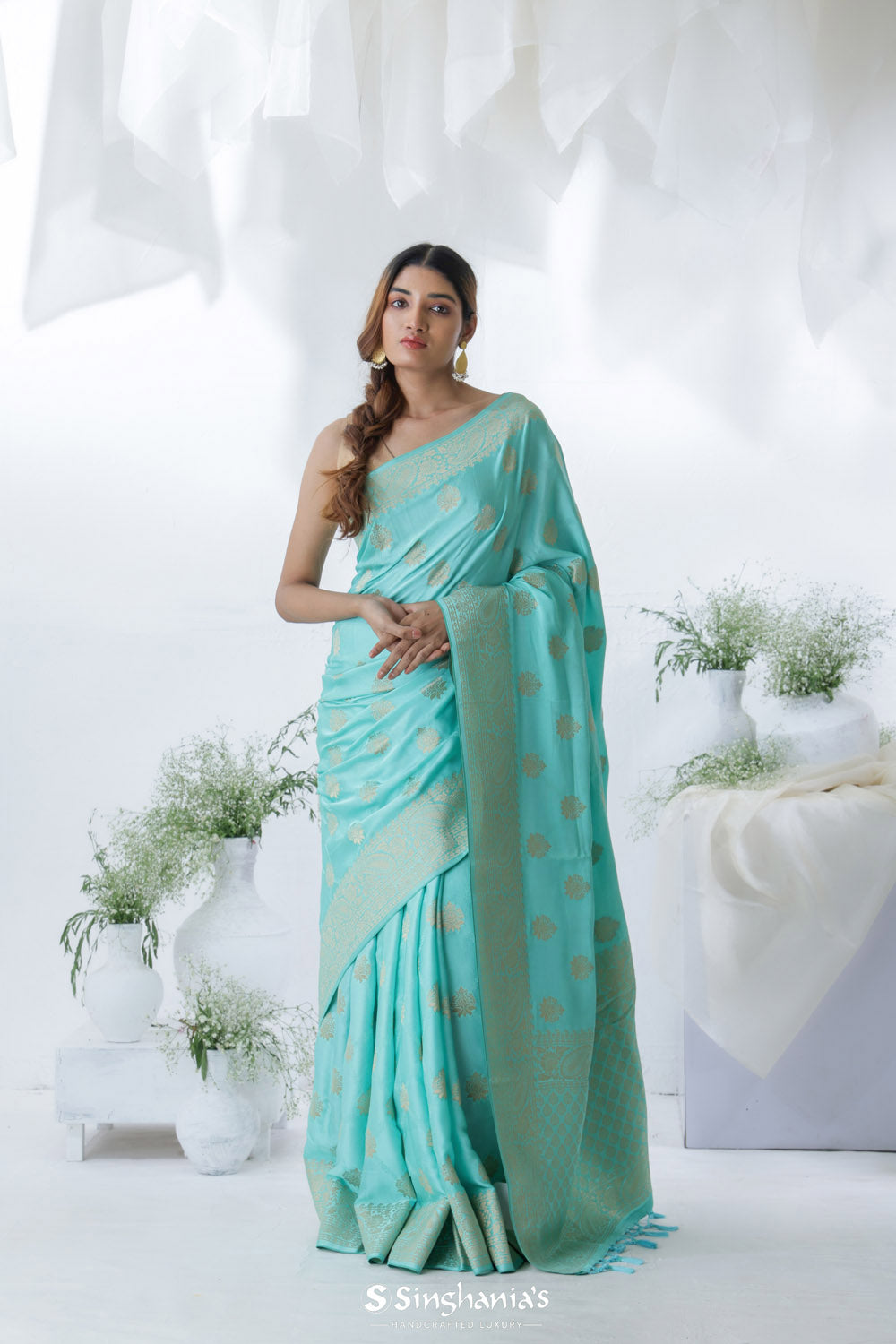 Electric Blue Banarasi Mashru Silk Saree With Floral Motifs
